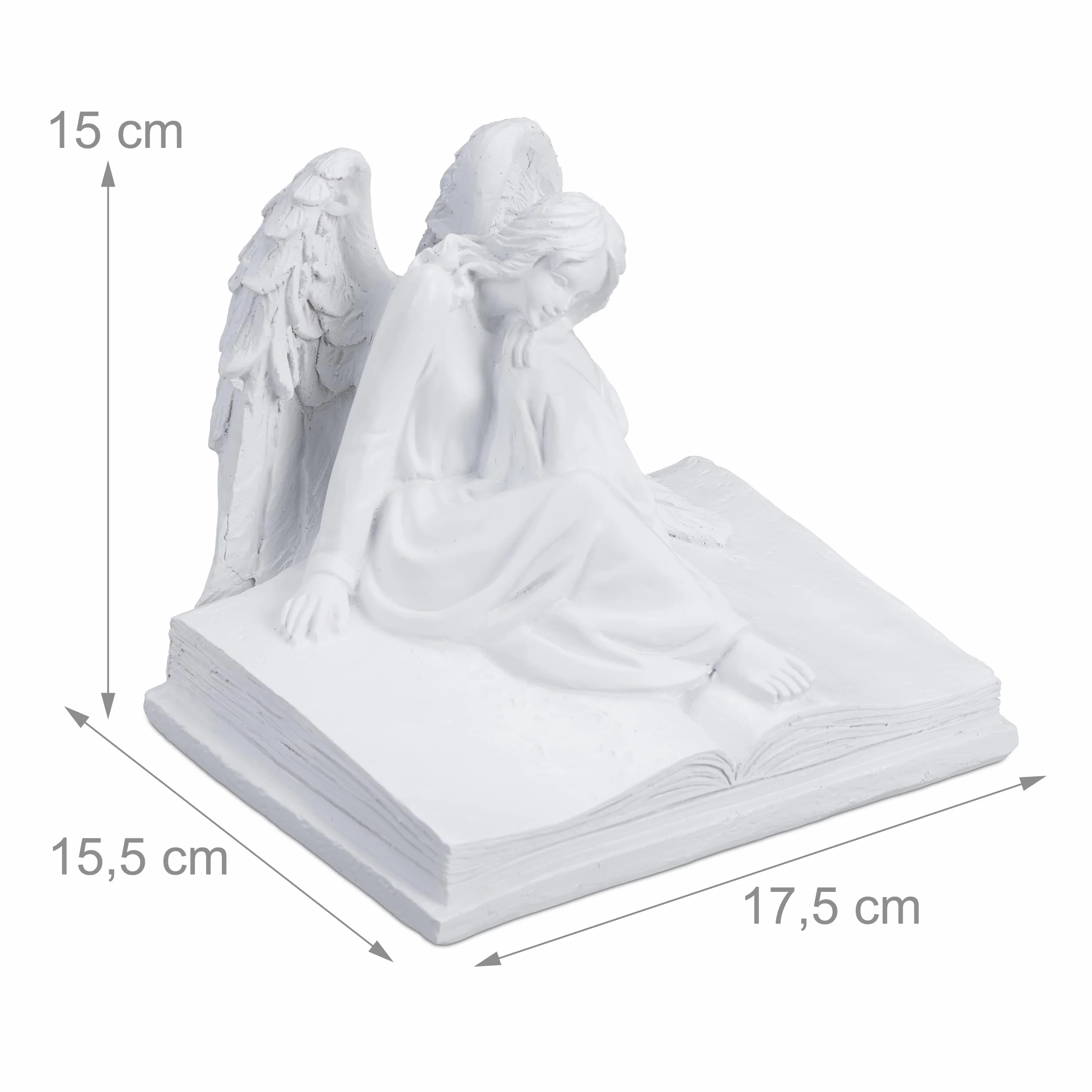 Relaxdays Anioł nagrobny, odporny na warunki atmosferyczne, mróz, wys. x gł.: 15 x 17,5 x 15,5 cm, ozdoba na grób, anioł stróż na książce, żywica poliestrowa, biały