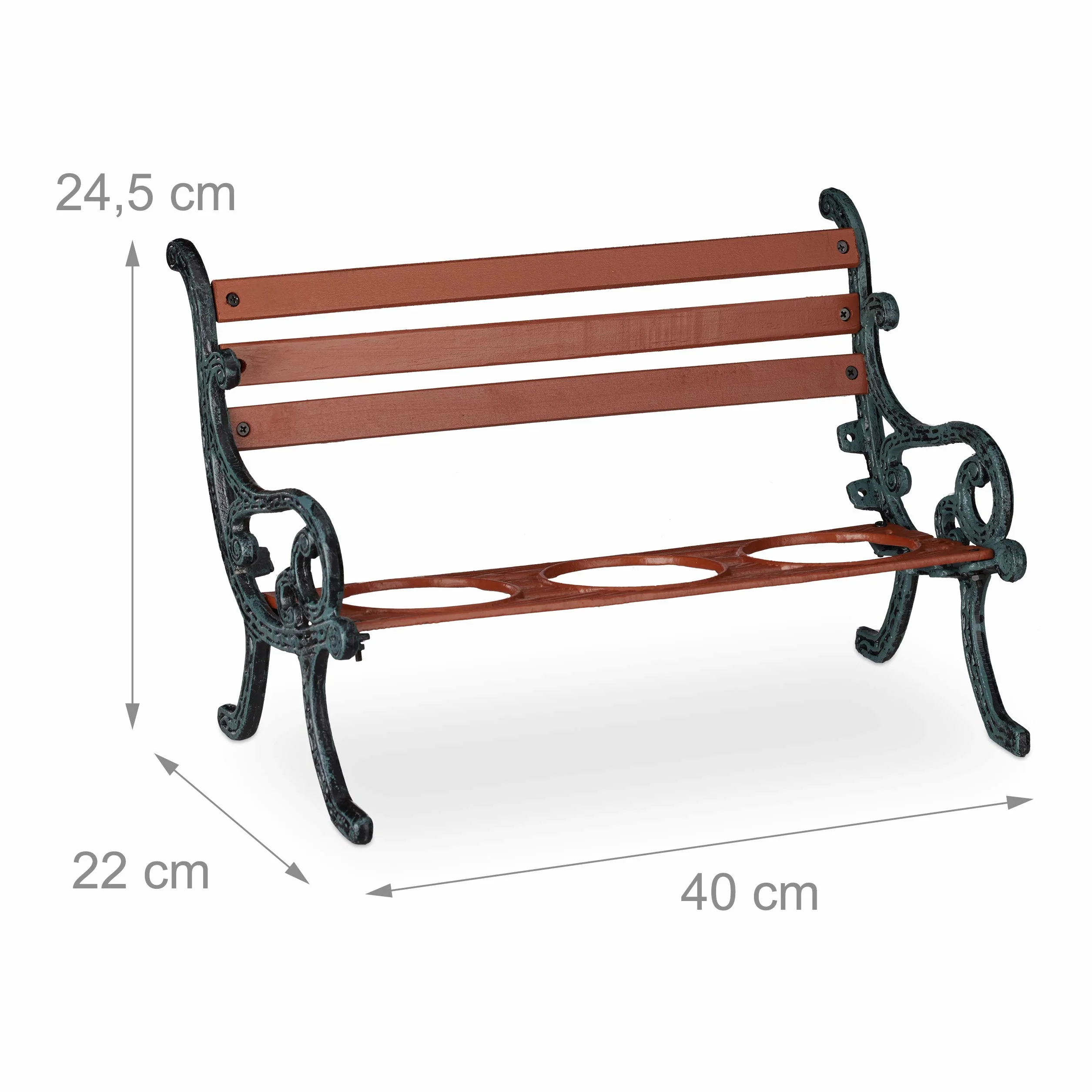 Relaxdays Mini ławka na kwiaty, żeliwo i drewno, stojak na 3 doniczki, Ø 9 cm, dekoracyjna ławka ogrodowa, brązowa/szaro-zielona