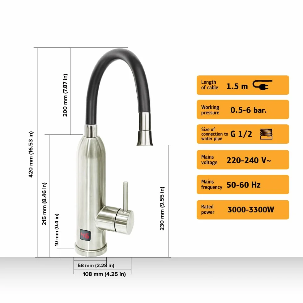 HOGART Elektryczny kran ze zintegrowanym podgrzewaczem przepływowym 230 V do kuchni, ogrodu, łazienki, przyczepy kempingowej, Smart Heater, armatura z natychmiastowym podgrzewaczem wody, kran ciepłej