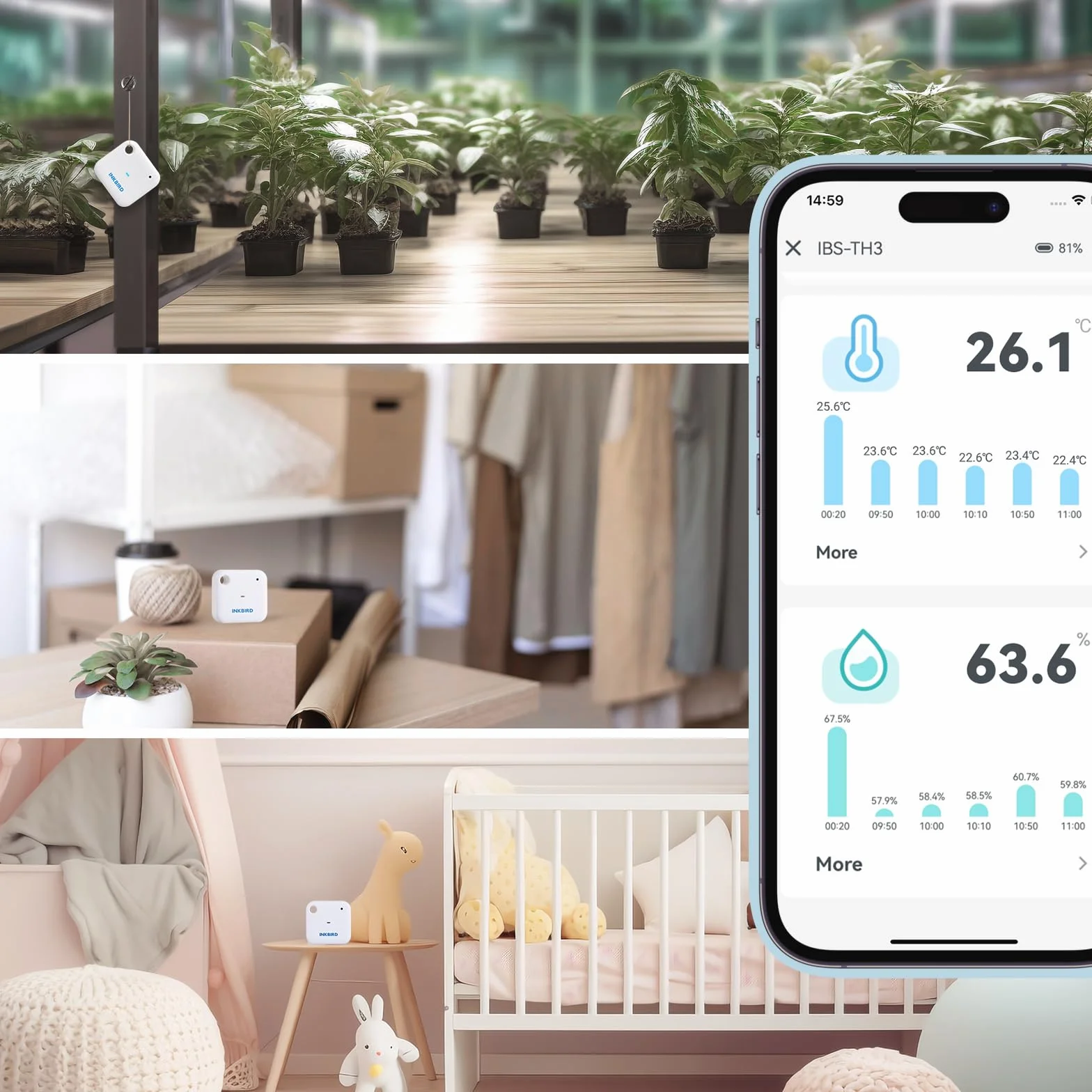 INKBIRD IBS-TH3 wewnętrzny termometr Wi-Fi, higrometr ze sterowaniem za pomocą aplikacji, niezawodny pomiar od 20°C do 60°C, do domu, biura, szklarni, gadów, piwnicy na wino