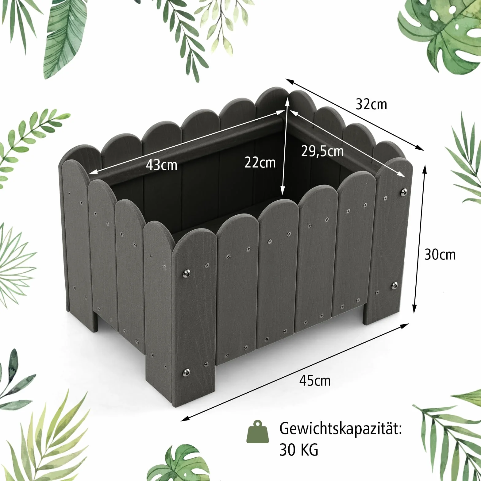 COSTWAY 2 donice na rośliny, odporne na warunki atmosferyczne, HDPE, prostokątna skrzynka na kwiaty z otworami odpływowymi, podwyższona grządka na rośliny, skrzynka na rośliny (45 x 32 x 30 cm, szara)
