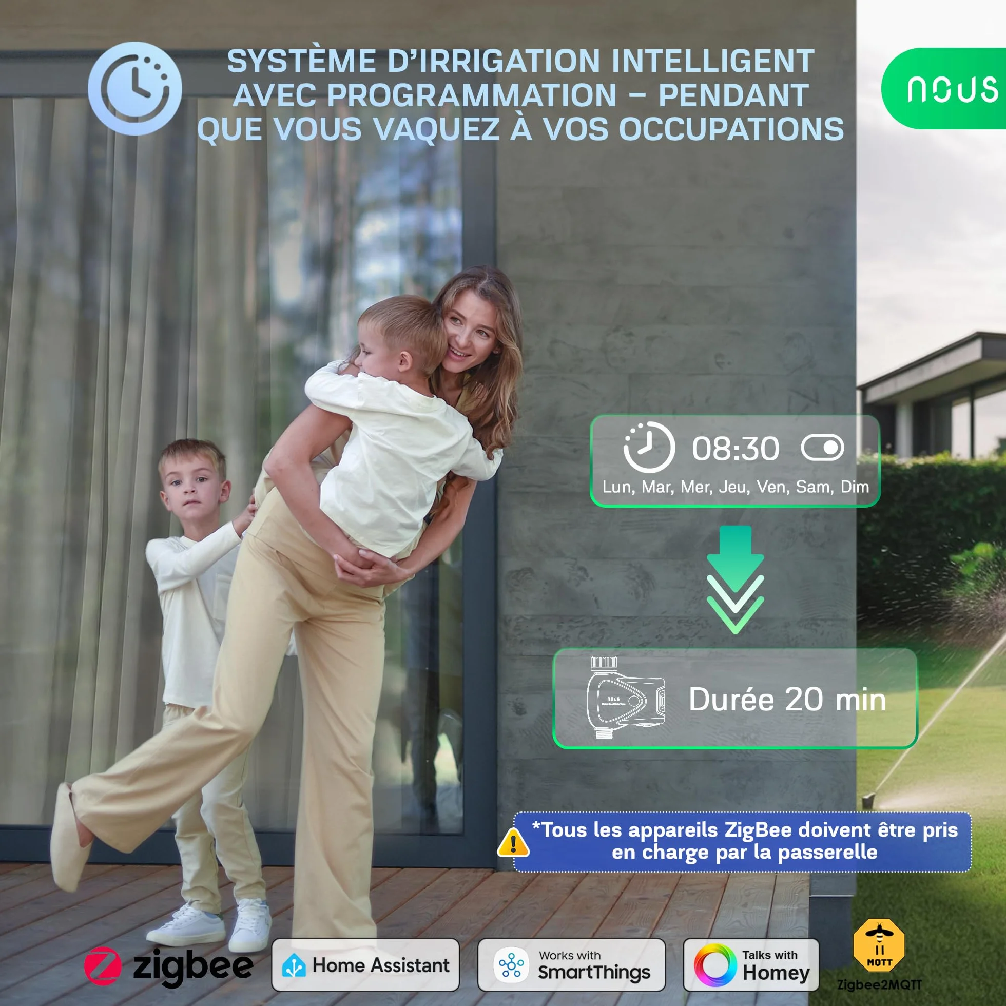 NOUS ZigBee inteligentny zawór kranowy, sterowanie nawadnianiem, IP66, kompatybilny z Alexa, Google Assistant, Smart Life, timerem i pilotem zdalnego sterowania z aplikacją, zasilanie bateryjne, 3/4