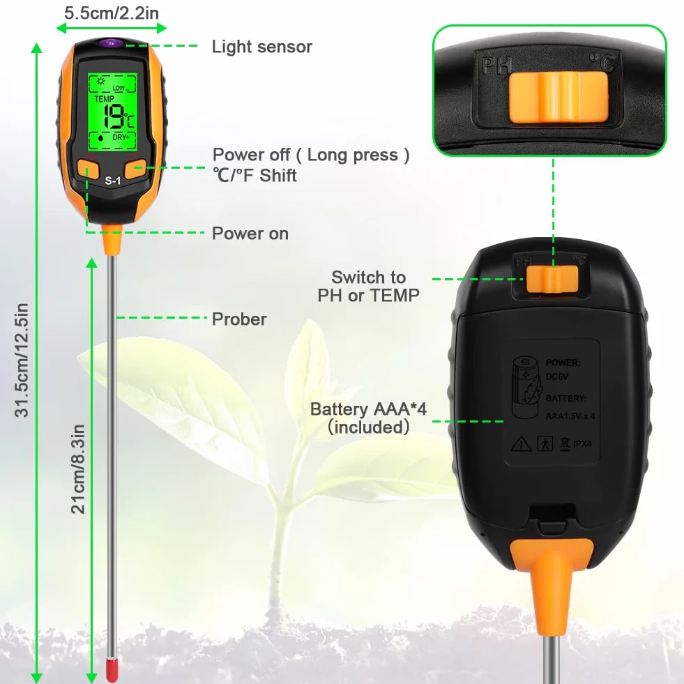 flintronic Tester gleby 4 w 1 pH-metr, cyfrowy tester z termometrem do roślin mierzący oświetlenie, temperaturę, PH, wilgotność gleby, miernik wilgotności do ogrodu 4 w 1, tester ziemi