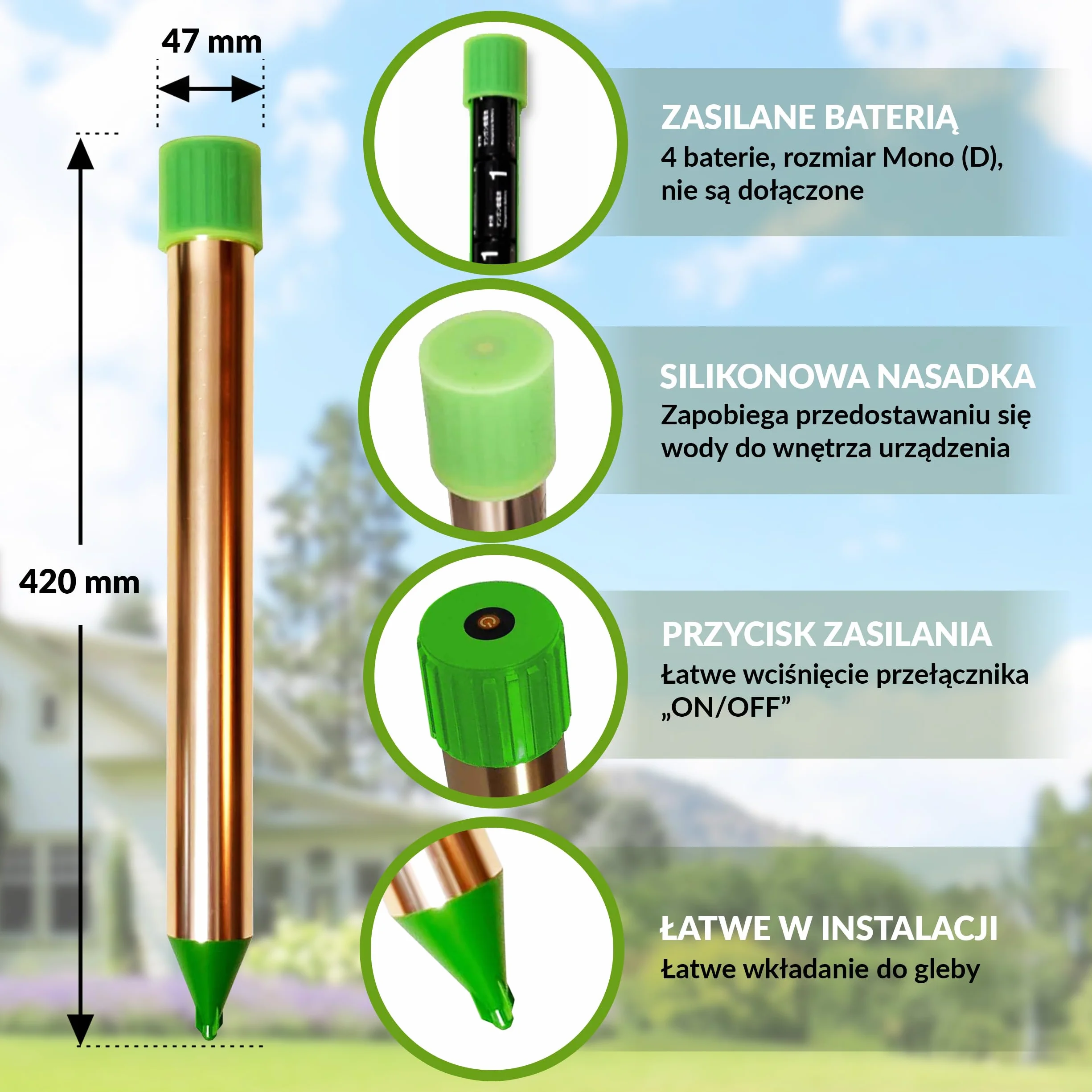 ISOTRONIC Vibrasonic odstraszacz kretów z włącznikiem On/Off, z silnikiem wibracyjnym, zasilany bateriami, odstraszacz norników, nornikowców, węży
