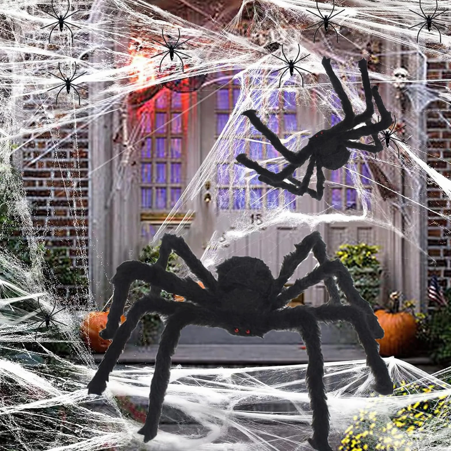 3-częściowy gigantyczny pająk Halloween, zewnętrzna dekoracja Halloween, duży futrzany pająk z czerwonymi oczami, dekoracja domu na zewnątrz (125 cm, 90 cm, 75 cm)