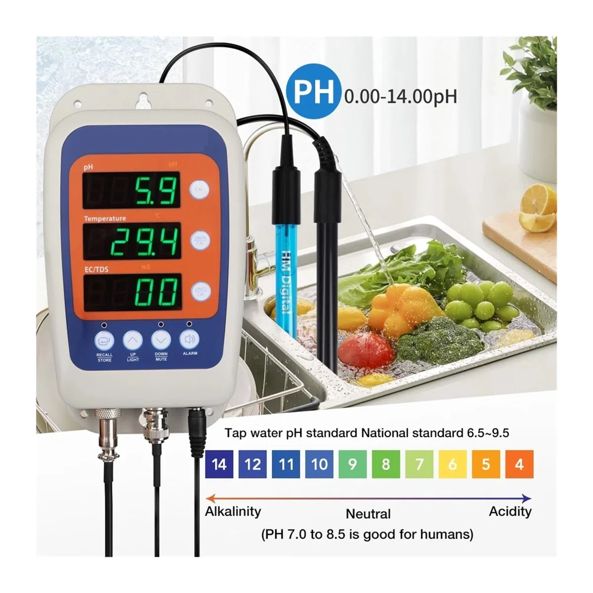 urządzenie do pomiaru gleby, 4 w 1 Tester ści Wody PH Temp EC ORP Monitor Miernik Przewodności Hydroponika Wykrywanie Z 2 Elektrodowym Czujnikiem Sondy -100