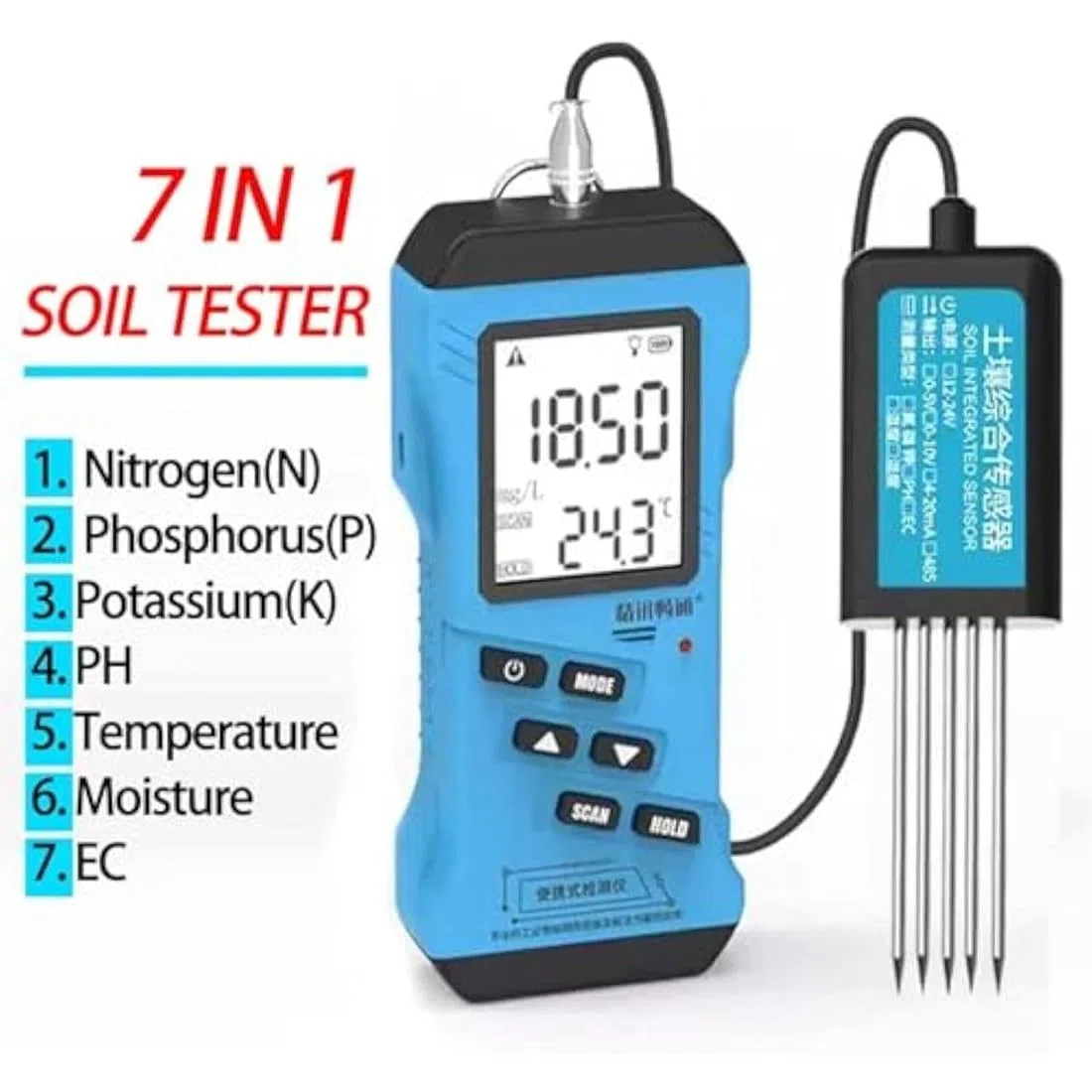Tester gleby, 7 w 1 NPK/pH/EC/wilgotność/temperatura/wilgotność, wysoka dokładność, duży podświetlany wyświetlacz LCD, bez odczynników do ogrodu/gospodarstwa/szklarni