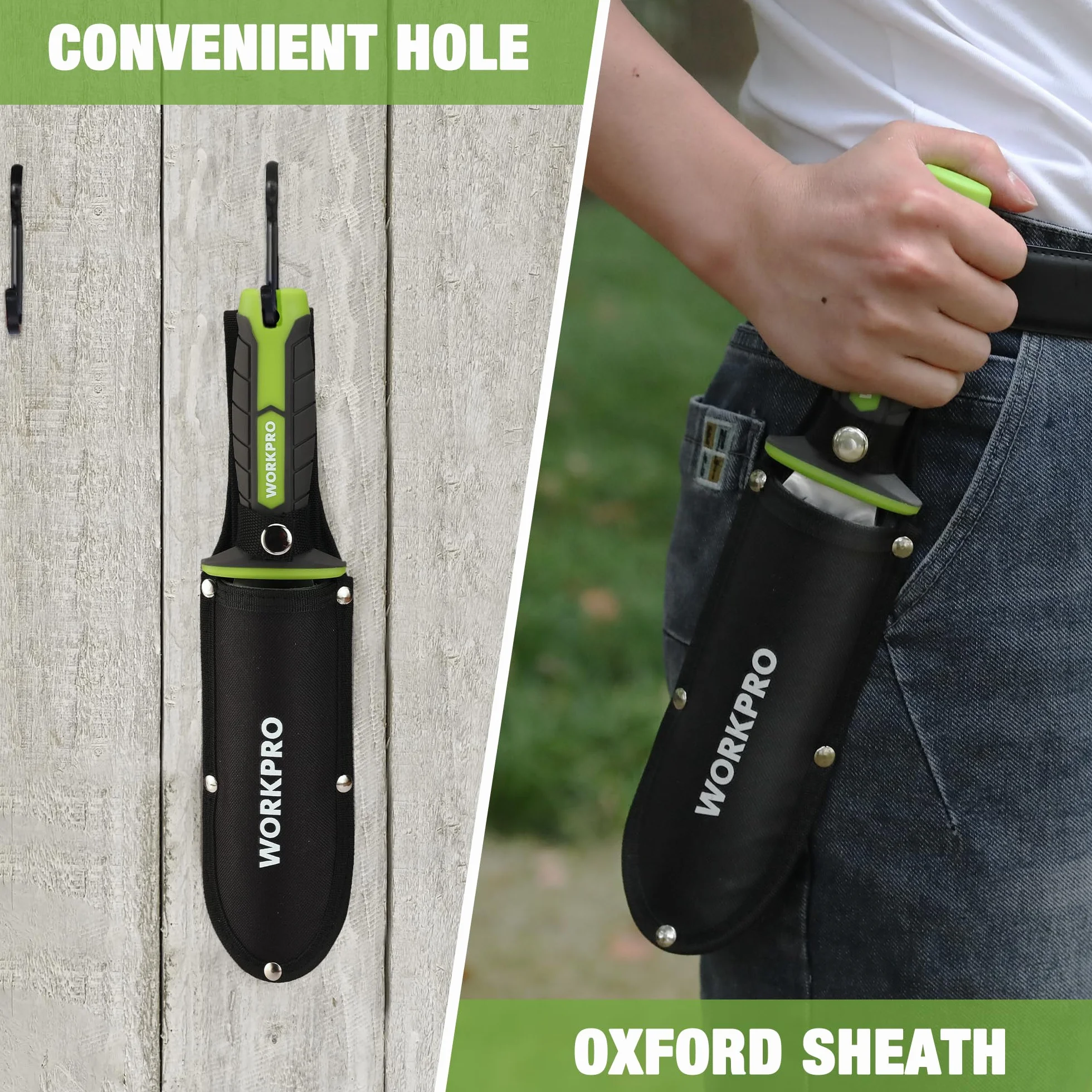 WORKPRO Hori Hori Garden Knife, 7" Stainless Steel Blade with Cutting Edge, Garden Tools with Oxford Sheath, Ergonomic TRP Handle with Hanging Hole for Weeding, Planting, Digging, Green