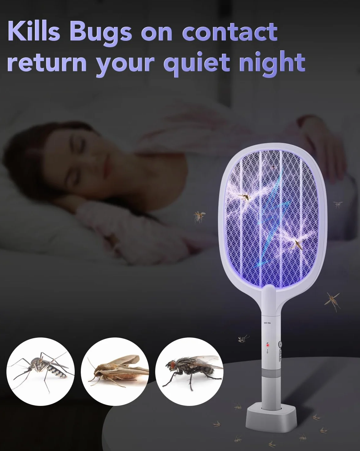 Elektryczna Packa na Muchy, 3000V Ładowalna Zabijacz Komarów z Lampą UV, 1800mAh Łapka Owady, Trzy Warstwy Ochrony z Siatki, Używana do Zabijania Komarów i Innych Latających Owadów