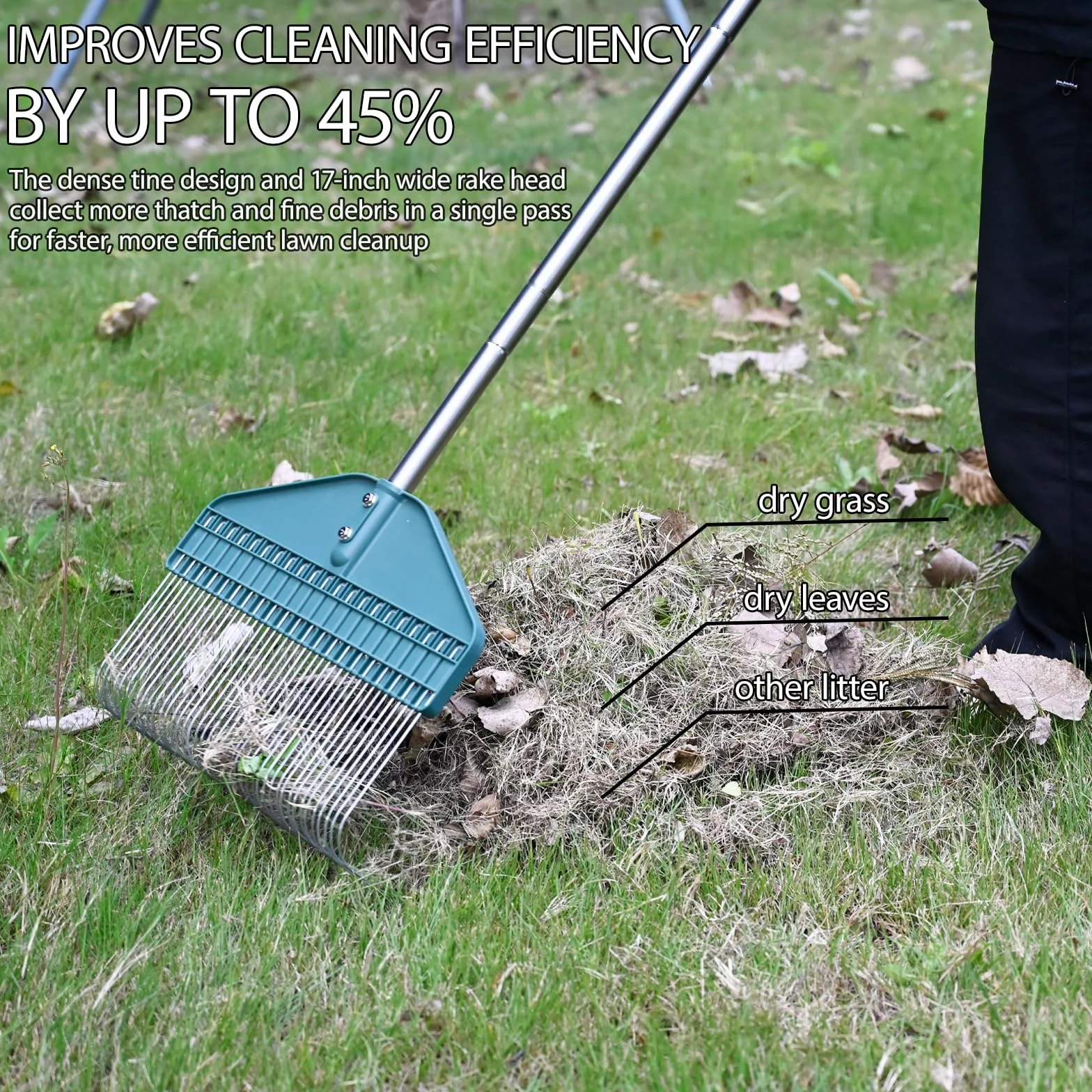 YEELOR Grabie do trawnika, grabie na liście, grabie ogrodowe z główką 43 cm, uchwyt ze stali nierdzewnej 168 cm, na podwórko, trawnik, krzew, grządki ogrodowe, domek dla drobiu