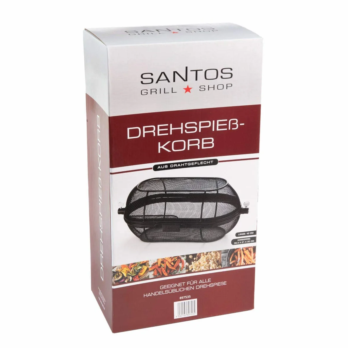 SANTOS Obrotowy kosz na rożen (Ø maks. 11 mm) – kosz do grilla stalowy czarny – akcesoria do grilla – mięso, skrzydełka z kurczaka, frytki, warzywa, owoce i popcorn