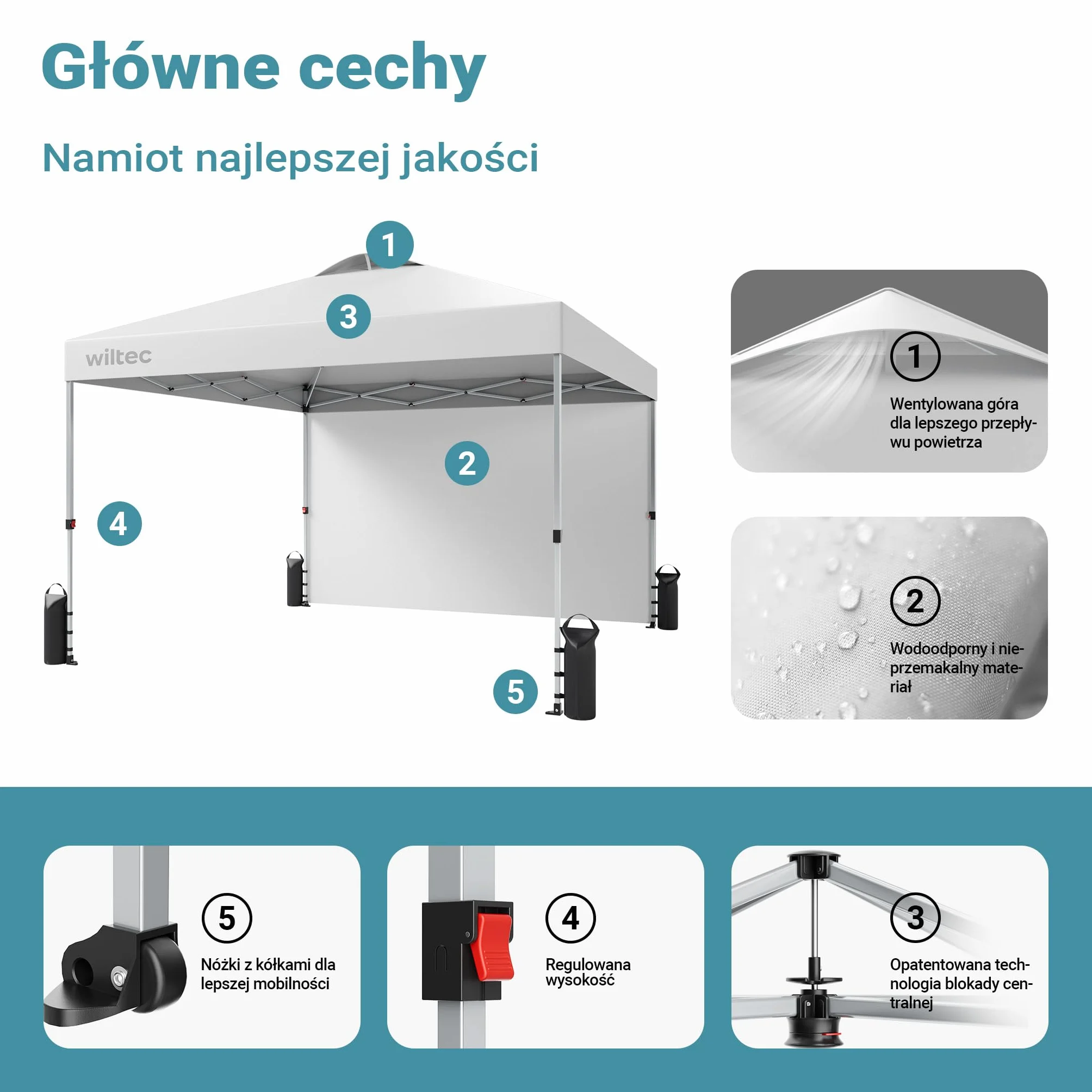 Wiltec Pop-up Pawilon imprezowy składany namiot ogrodowy handlowy ze ścianą biały 3x3m z kołami