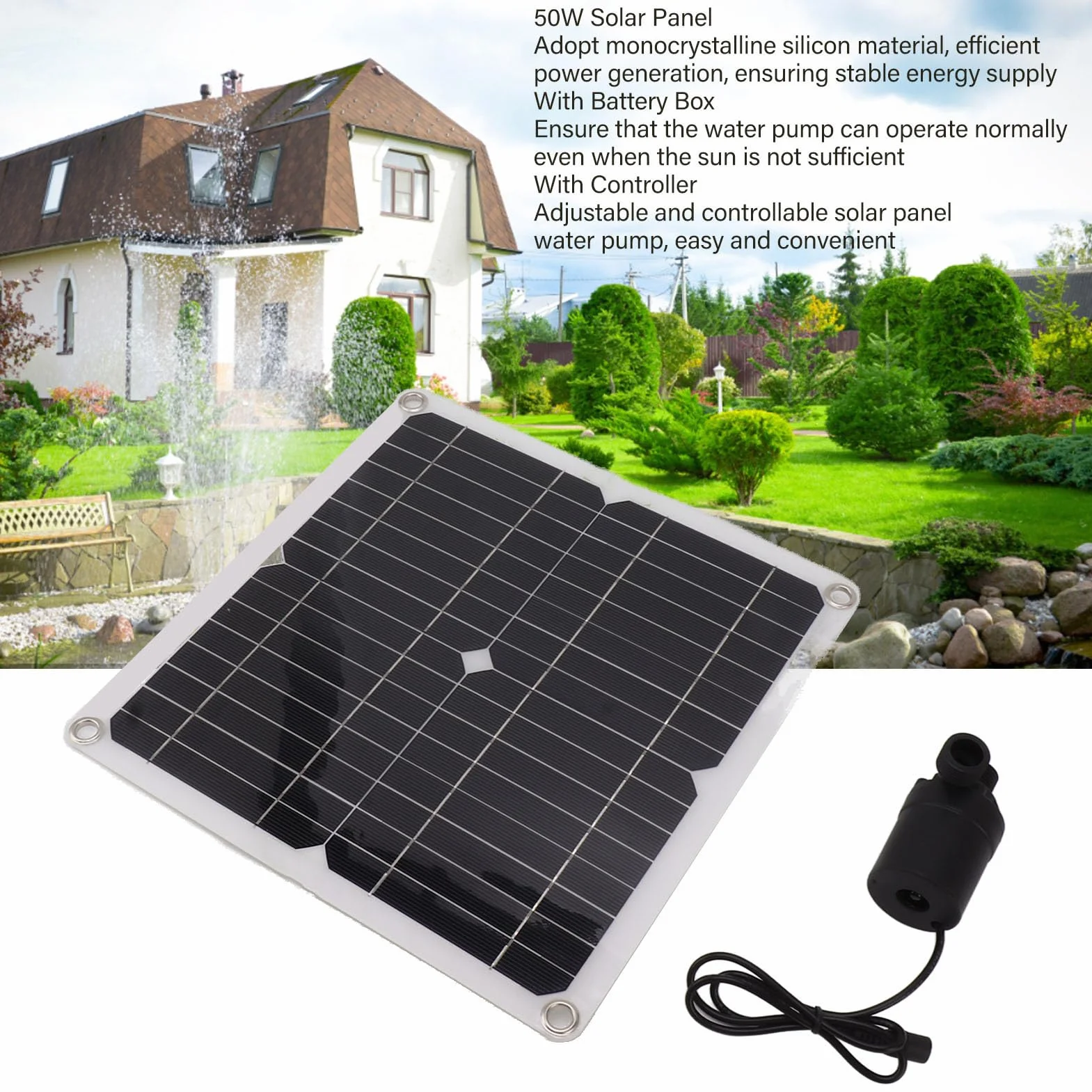 Panel Słoneczny 50 W Zestaw Pompy do Fontanny Wodnej 22 W, Zestaw Pompy Wodnej do Fontanny Słonecznej z Pojemnikiem na Baterie i Kontrolerem Czasu, Pompa Zanurzeniowa Zasilana