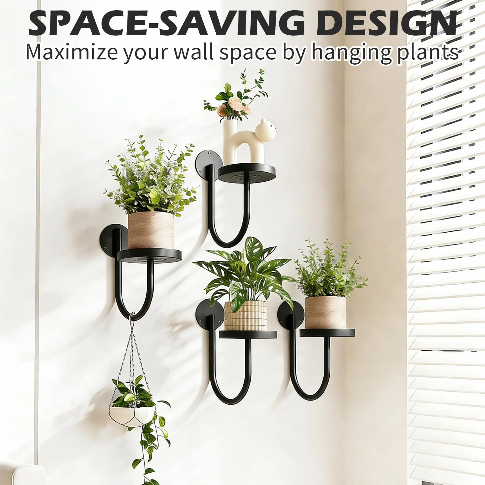 3 Sztuki Półek Ściennych na Rośliny, Nowoczesny Design w Kształcie Litery U, Kwietnik z Metalu w Kolorze Czarnym, Stojak Wiszący do Doniczek i Dekoracji, Idealny do Balkonu Lub Okna i Salonu