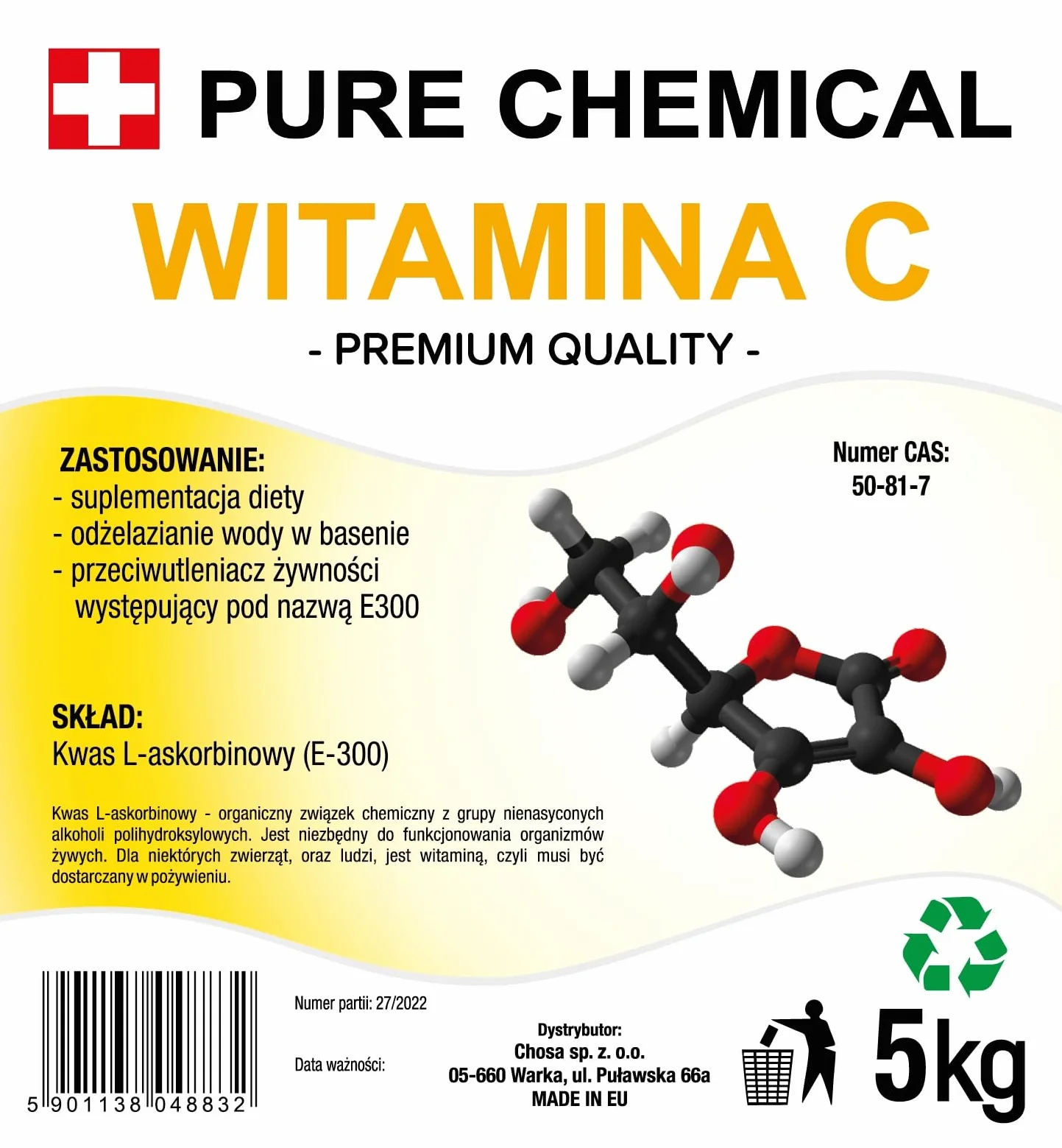 PURE CHEMICAL Witamina C do wody basenowej Kwas askorbinowy w proszku 5kg Czyszczenie basenów