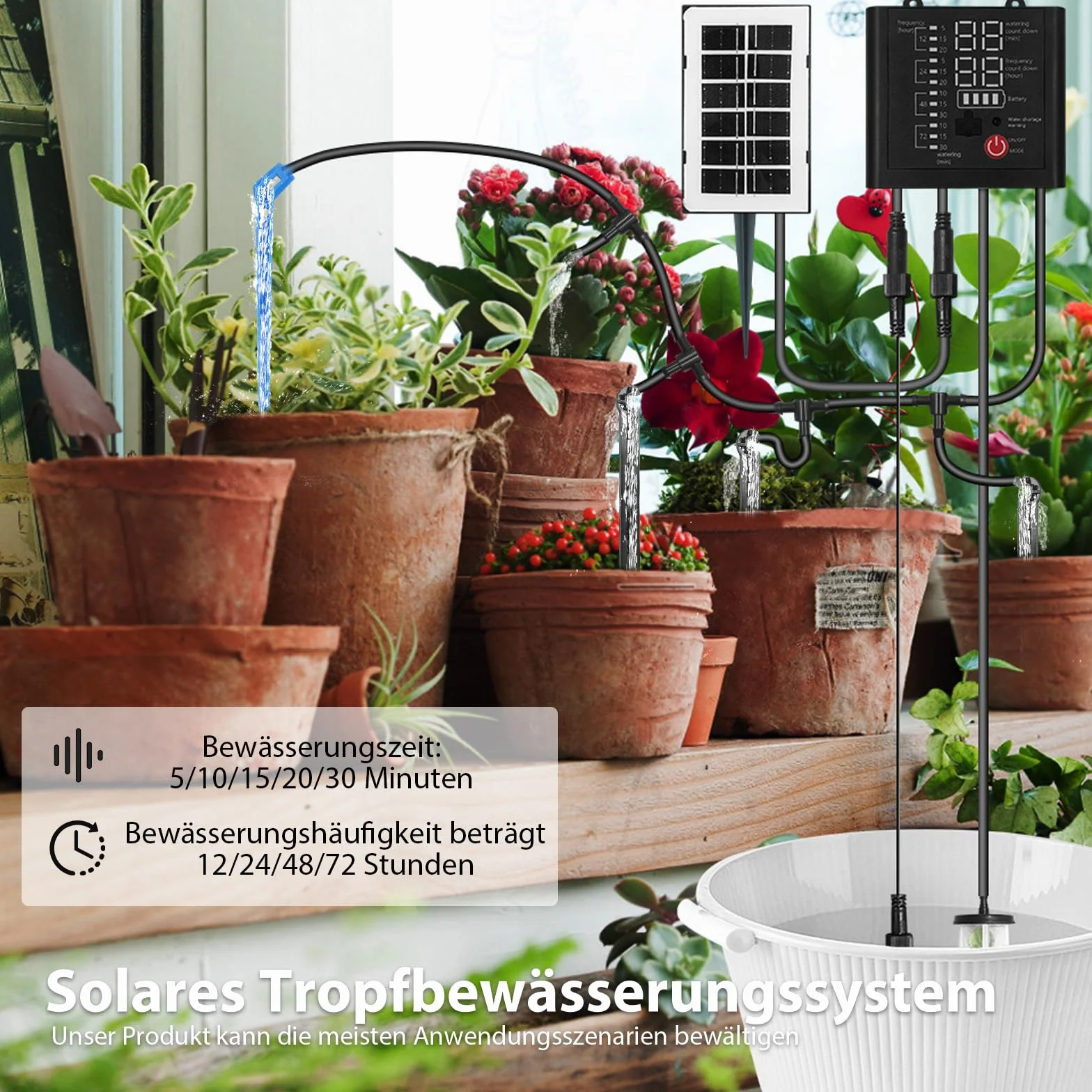 Solarny system nawadniania, automatyczne nawadnianie, system nawadniania kroplowego roślin z 12 trybami timera, czujnik wody, wąż 15 m do ogrodu, roślin balkonowych, roślin doniczkowych, urlop