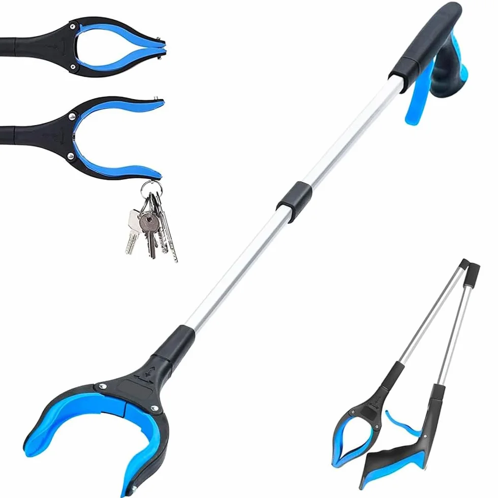 Chwytak do podnoszenia guf, szczypce chwytające dla seniorów, ergonomiczne składane, 83 cm, magnetyczne przyciąganie liści, chwytak do liści, obracany o 360° (niebieski)