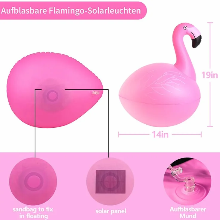 Dmuchana Lampa Solarna Flamingo do Basenu, Oczka Wodnego i Ogrodu, Pływająca Lampa LED IP68, Dekoracyjna Lampa na Słońce z Automatycznym Świeceniem