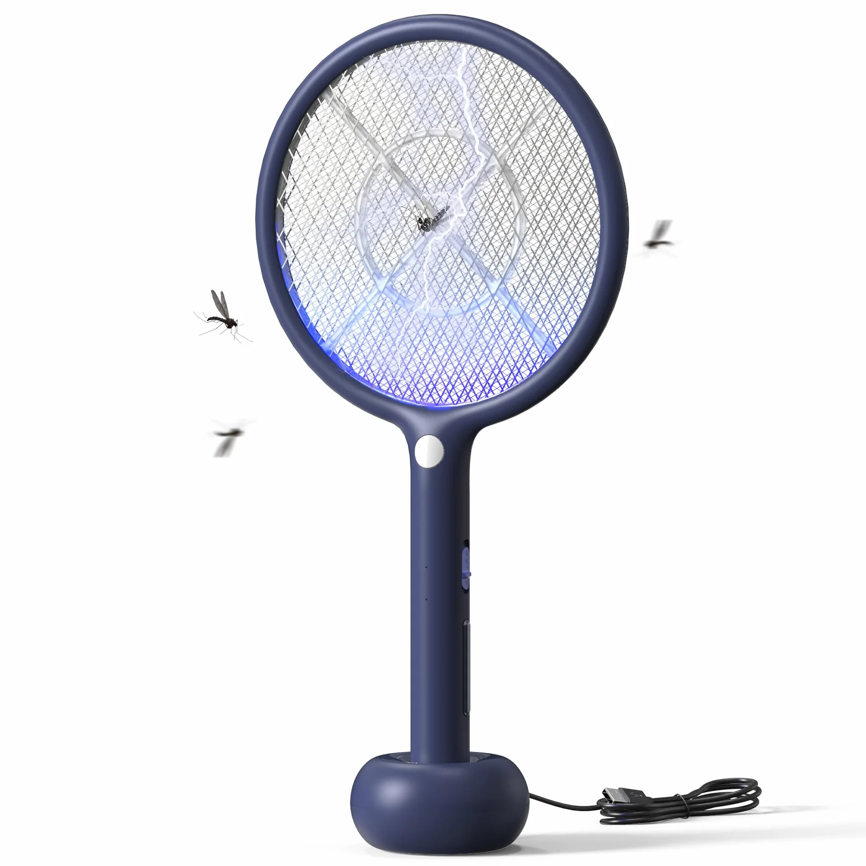 VEGREM Elektryczna Łapka na Muchy, 4000V, 2 w 1, Lampa Przyciągająca Komary, Baza Ładowania USB, z 1200mAh Akumulatorem, Światło LED, 3-warstwowa Siatka Ochronna, Skuteczny Przeciwko Komarom