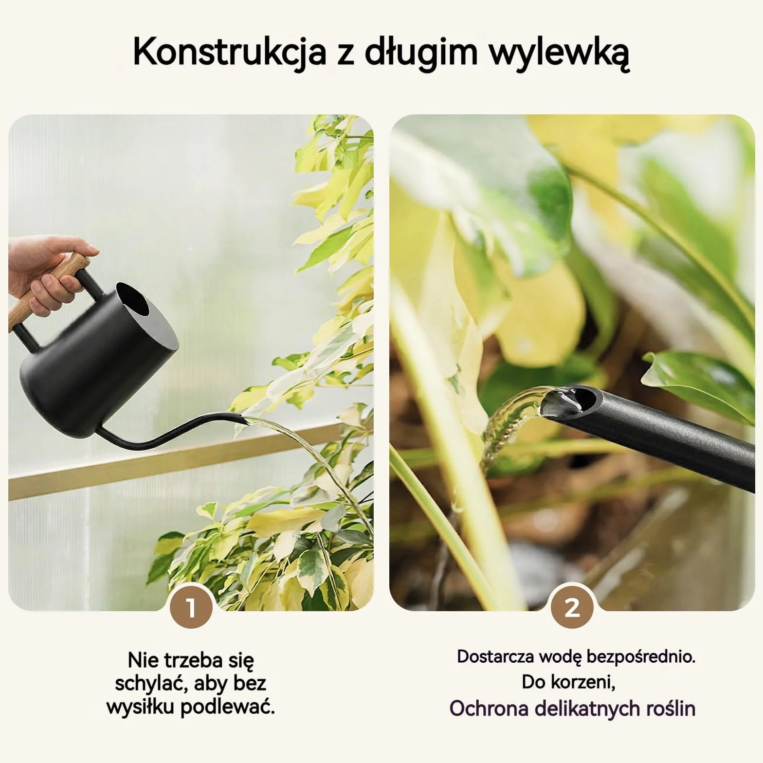 Bamworld Konewka ze Stali Nierdzewnej 1L z Drewnianą Rączką, Niekapający Długi Dzióbek, Czarna