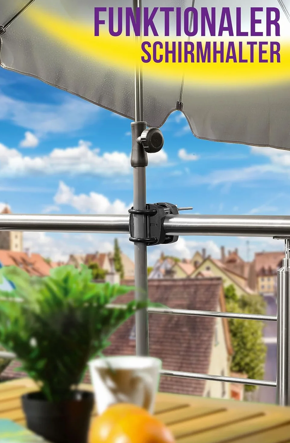 Uchwyt na parasol przeciwsłoneczny na balustradę balkonową – kompaktowy uchwyt na parasol balkonowy zastępuje nieporęczny stojak na parasole balkonowe do wszystkich parasoli, kolor czarny