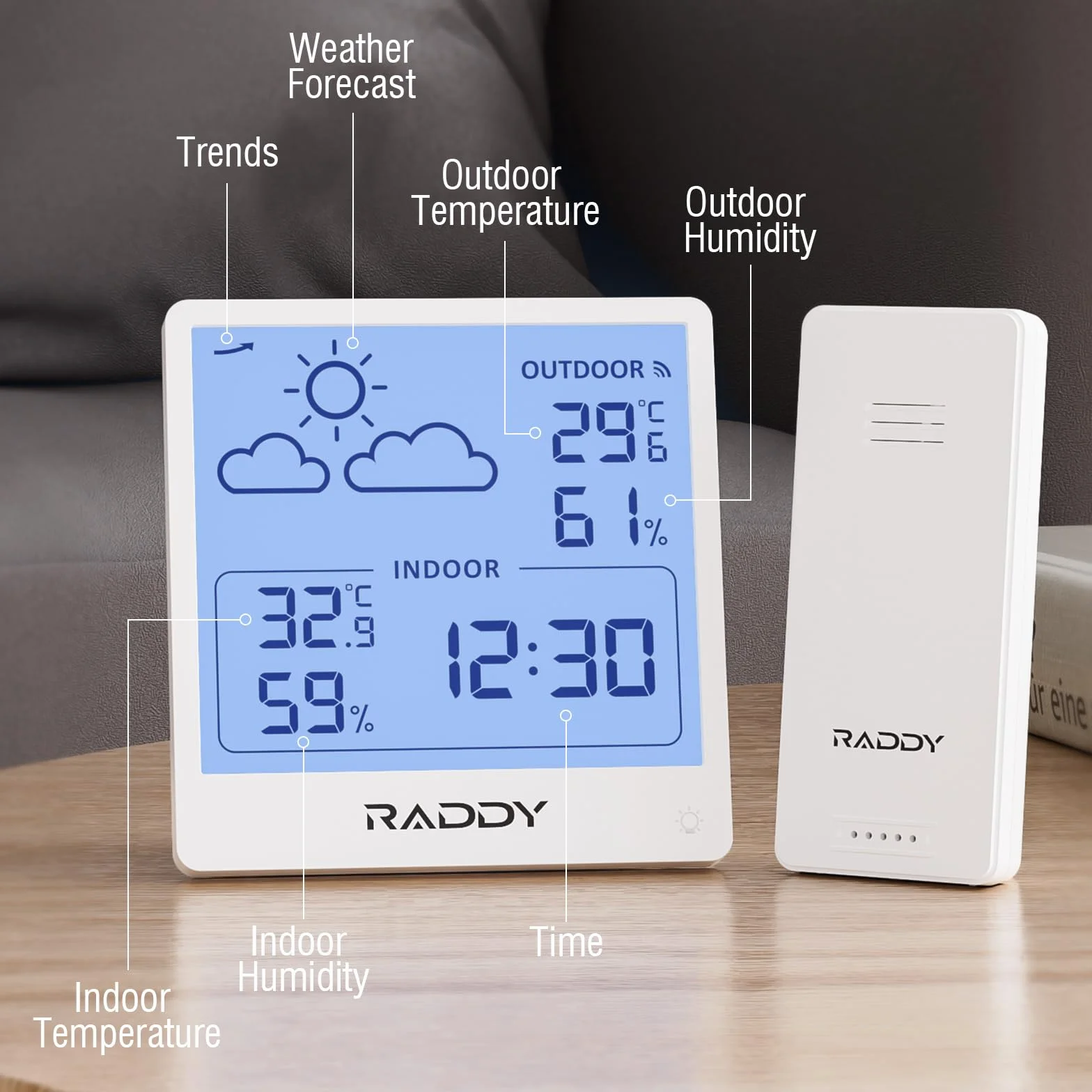 Raddy WF-50T Termometr Wewnętrzny Zewnętrzny Higrometr Bezprzewodowa Stacja Pogodowa 5.0'' Wyświetlacz TN
