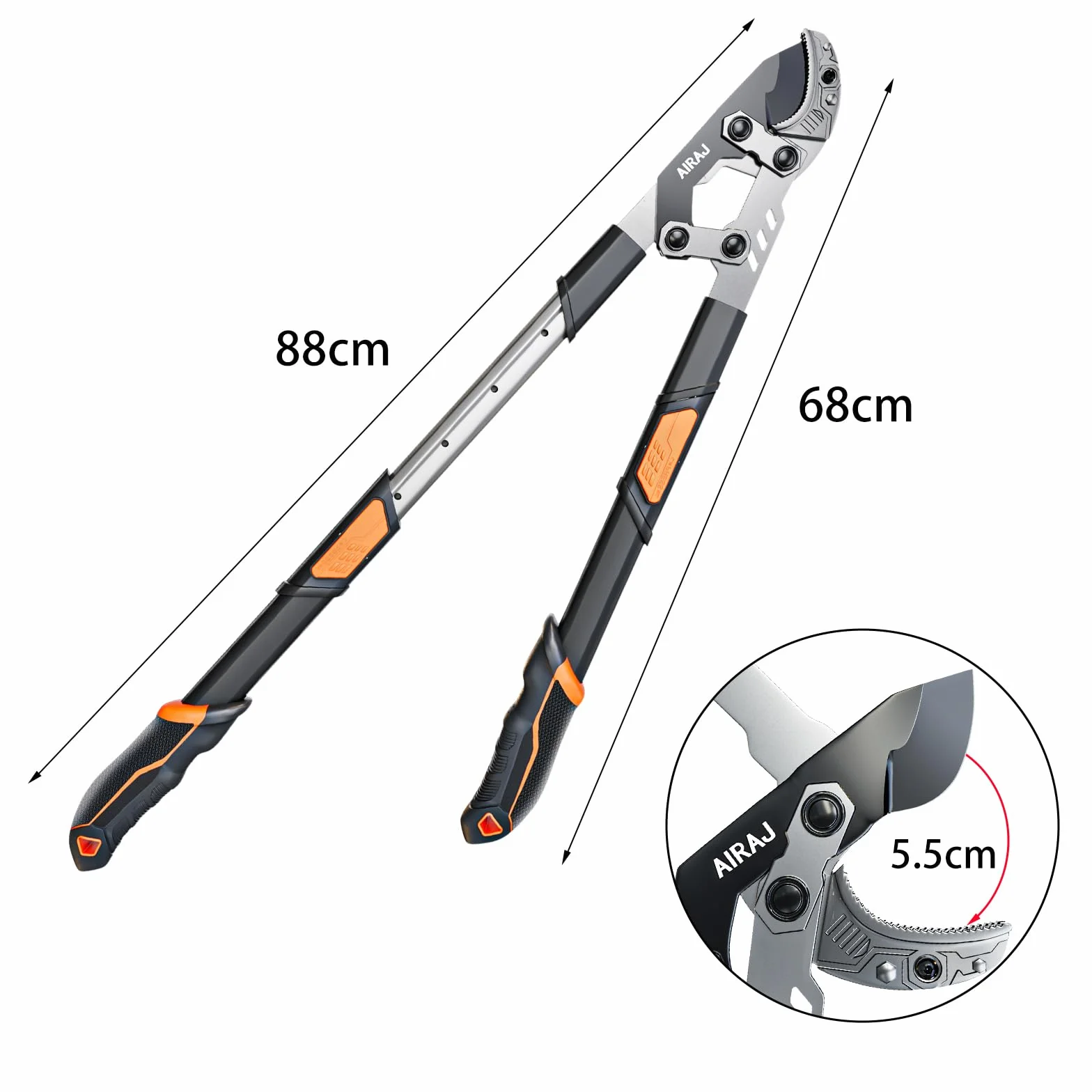 AIRAJ Ciężkie nożyce do gałęzi teleskopowe 68-88 cm kowadło ostrze SK5 szybkie cięcie maks. 55 mm