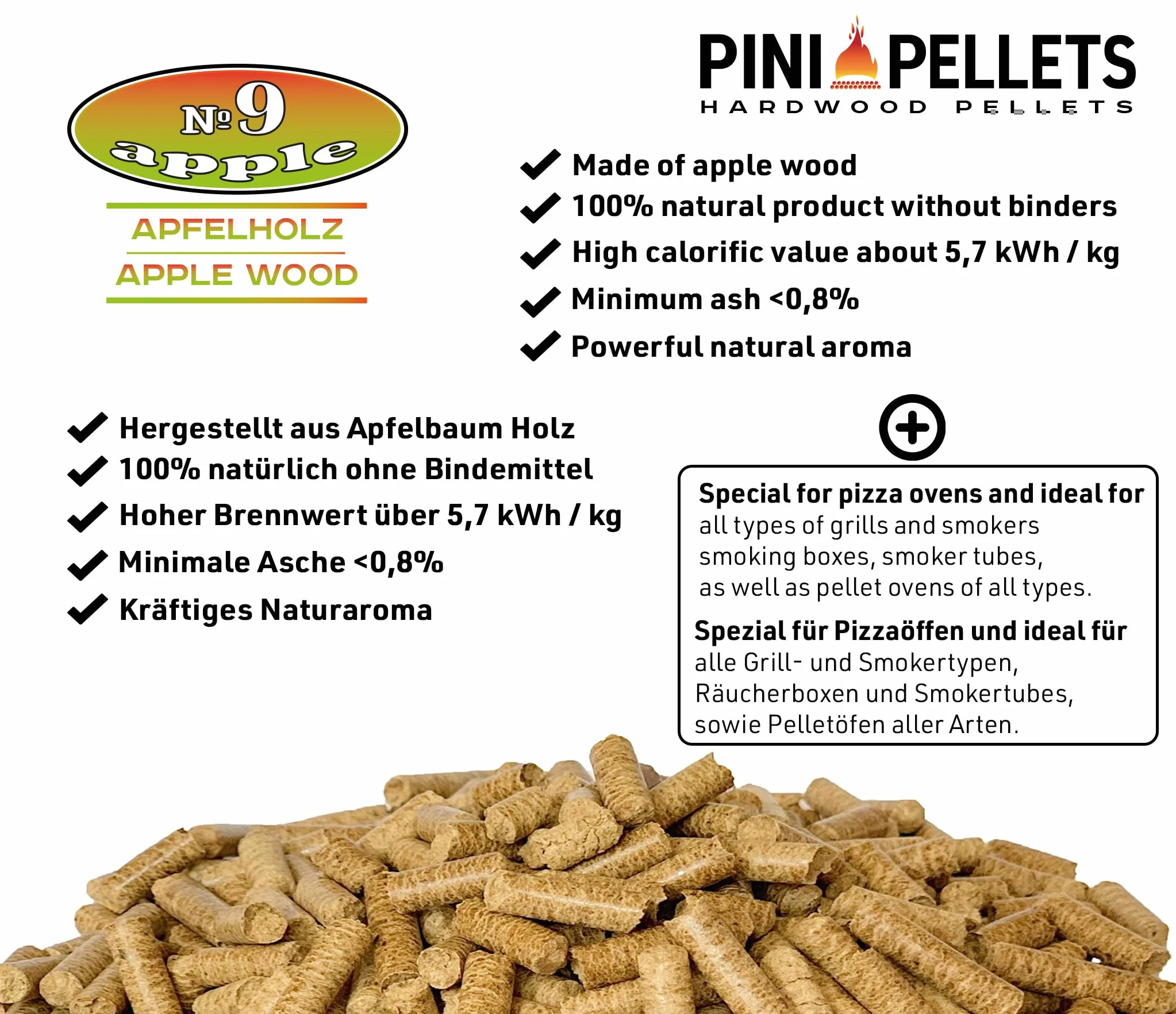 PINI Pellet grillowy № 9 jabłek 10 kg BBQ pellet z twardego drewna do grillowania, wędzenia