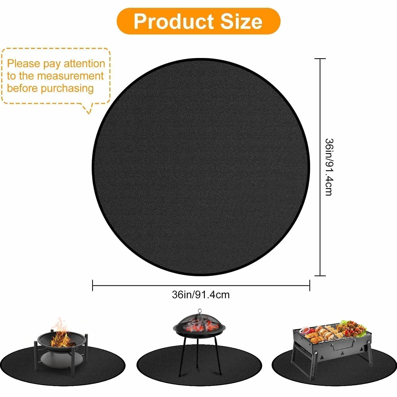 EEEKit Okrągła Mata Ognioodporna, 91,4×91,4 CM Mata Kominkowa, Mata pod Grill do BBQ, Ogrodu, Biwaku, Tarasu, Pokładu