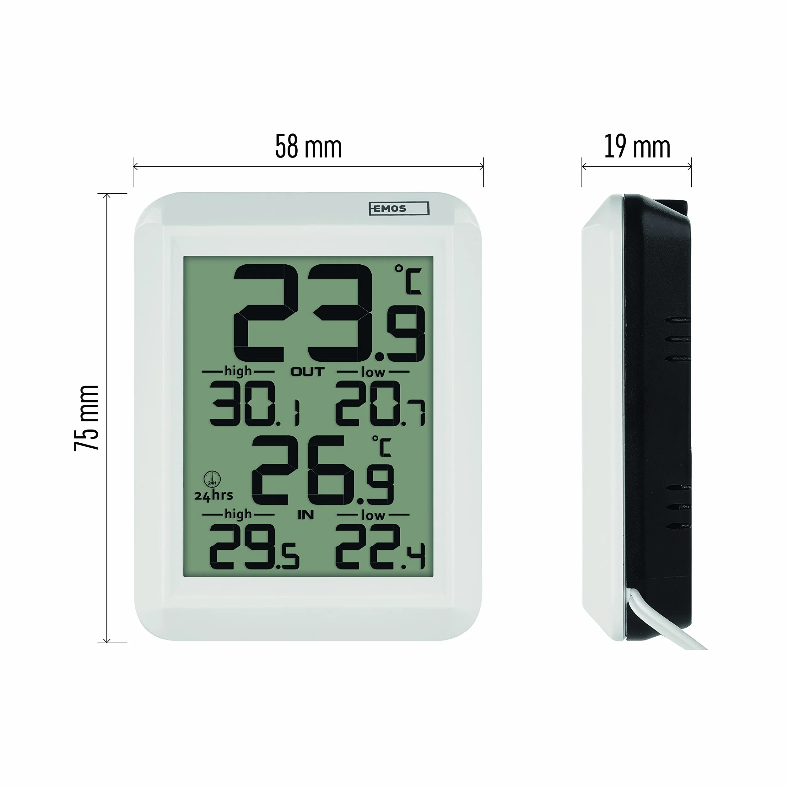 EMOS Cyfrowy termometr, termometr zewnętrzny/wewnętrzny z czujnikiem kabla 0,9 m i funkcją pamięci 24 h, °C/°F, zasilany bateriami