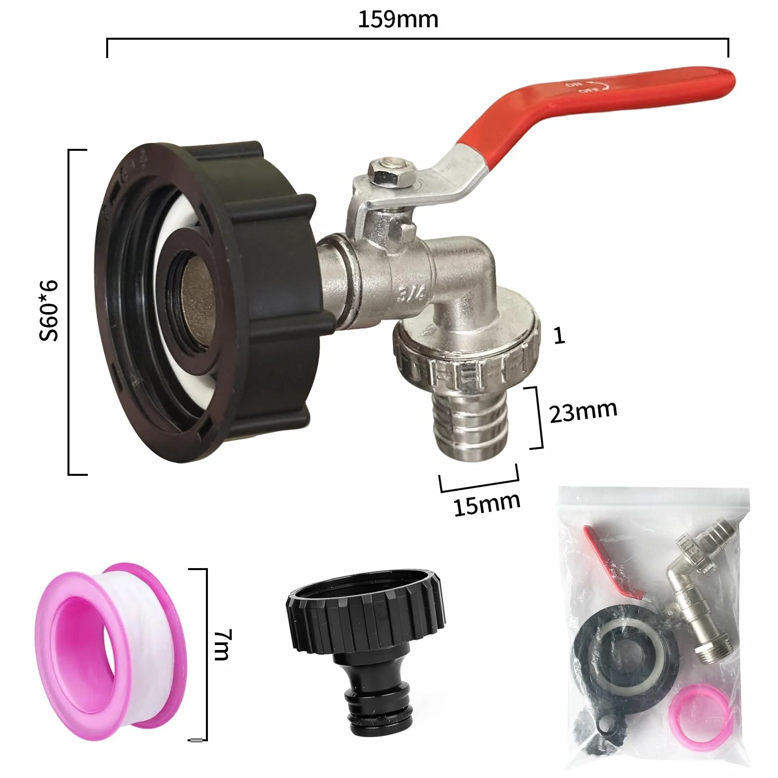 IBC kran odpływowy z przyłączem 3/4 cala, adapter IBC S60 x 6, zbiornik na wodę IBC, akcesoria do zbiornika na wodę 1000 l, kran, kran ogrodowy 3/4 cala