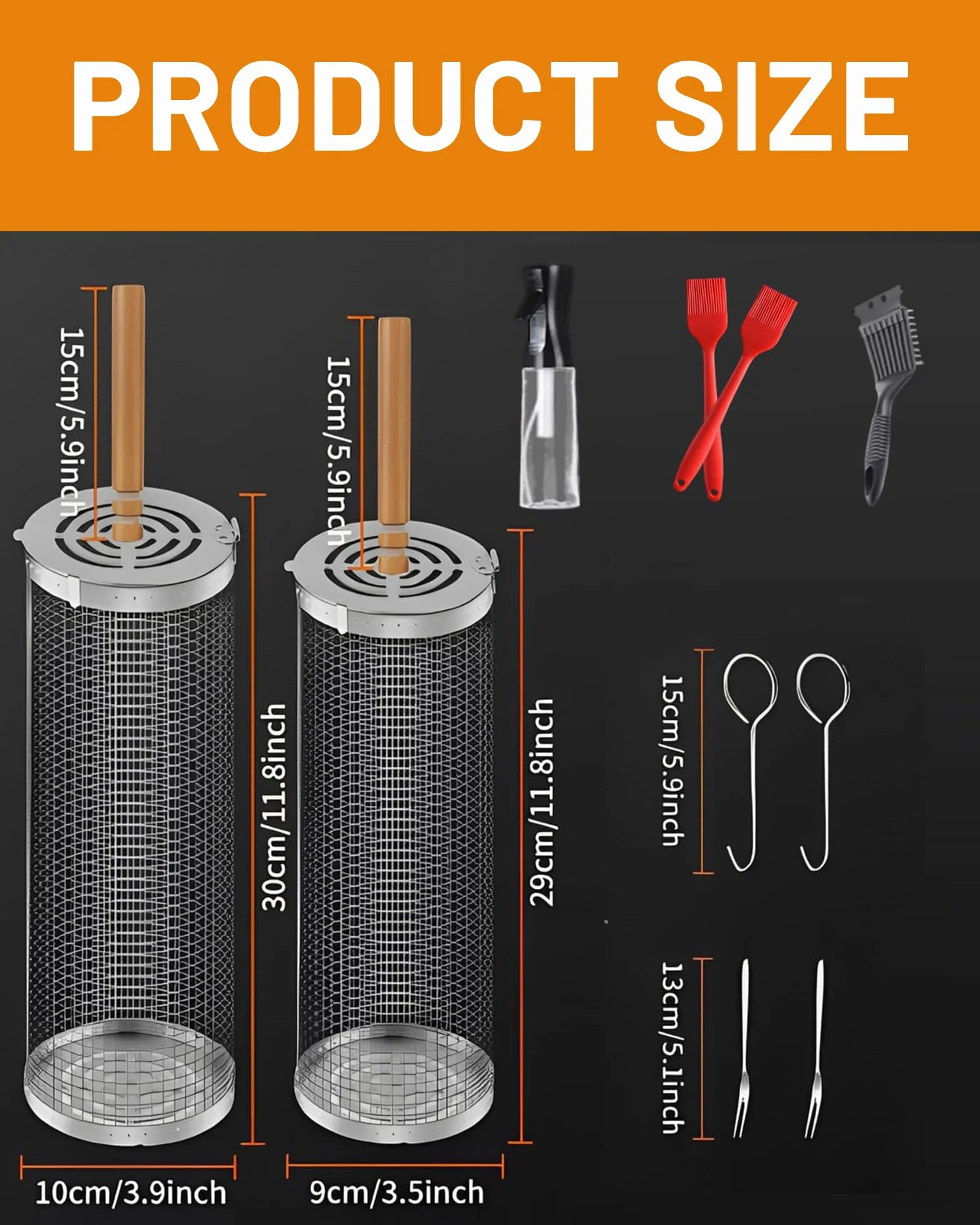 2-szt Rolling Grilling Kosz z drewnianym uchwytem a30×10cm mih29×9cm Nesting Rolling Grilling Kosz Zestaw do grillowania zewnętrznego