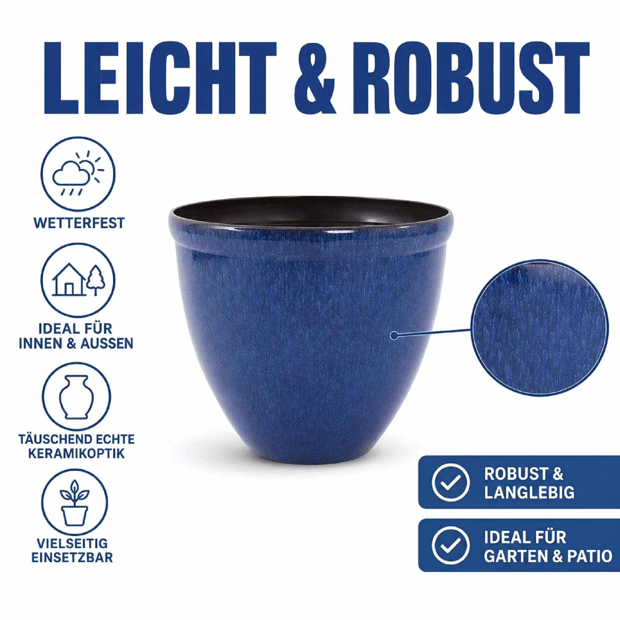 Doniczka do roślin z błyszczącego plastiku z efektem ceramicznym | Design Santorini | Jun glazura niebieski Ø 39,5cm x H 33,5cm