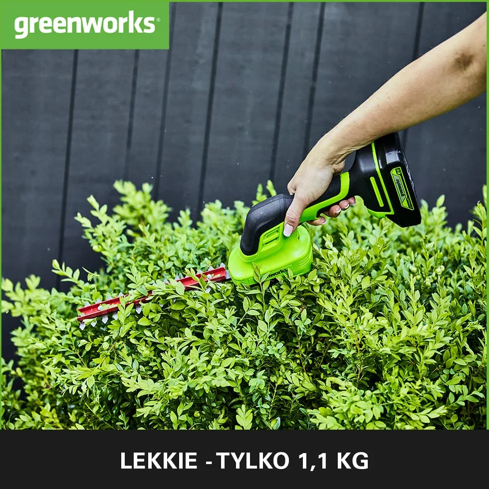 Greenworks G24SHT Nożyce do Trawy i Krzewów 2w1, 20 cm Ostrza do Żywopłotu, Cięcie Gałęzi i Łodyg do 8 mm, 2800 Cięć na Minutę, 15 cm Ostrze do Trawy BEZ Baterii 24V i Ładowarki, 3 Lata Gwarancji