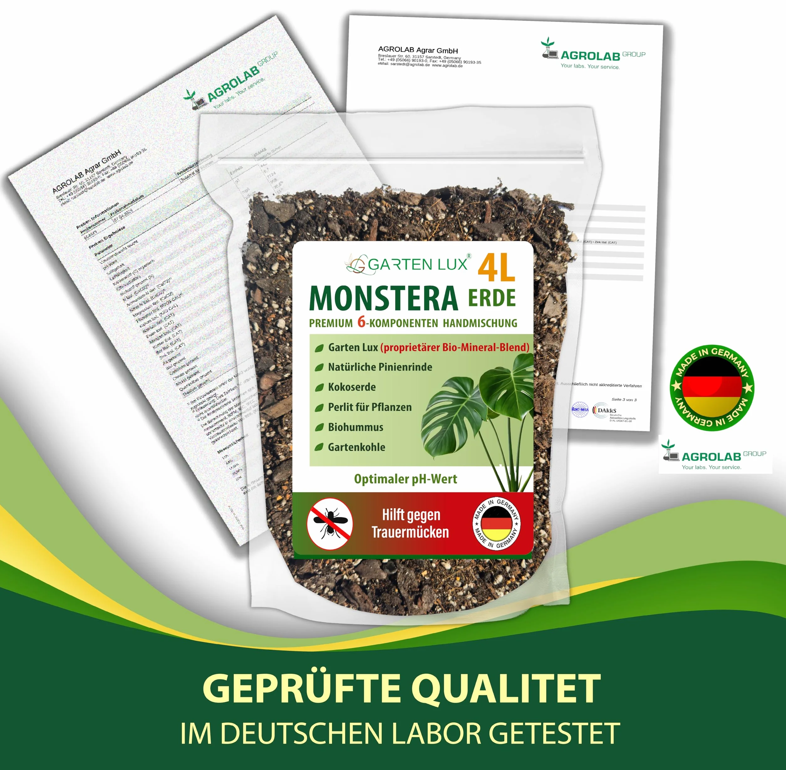 Garten Lux Monstera Terra 4 l bez torfu - 6 w 1 przeciwko komarom żałobnym | aroidalne podłoże | ziemia kokosowa, perlit, kora sosnowa, biohumus, węgiel ogrodowy + tajny kompleks |