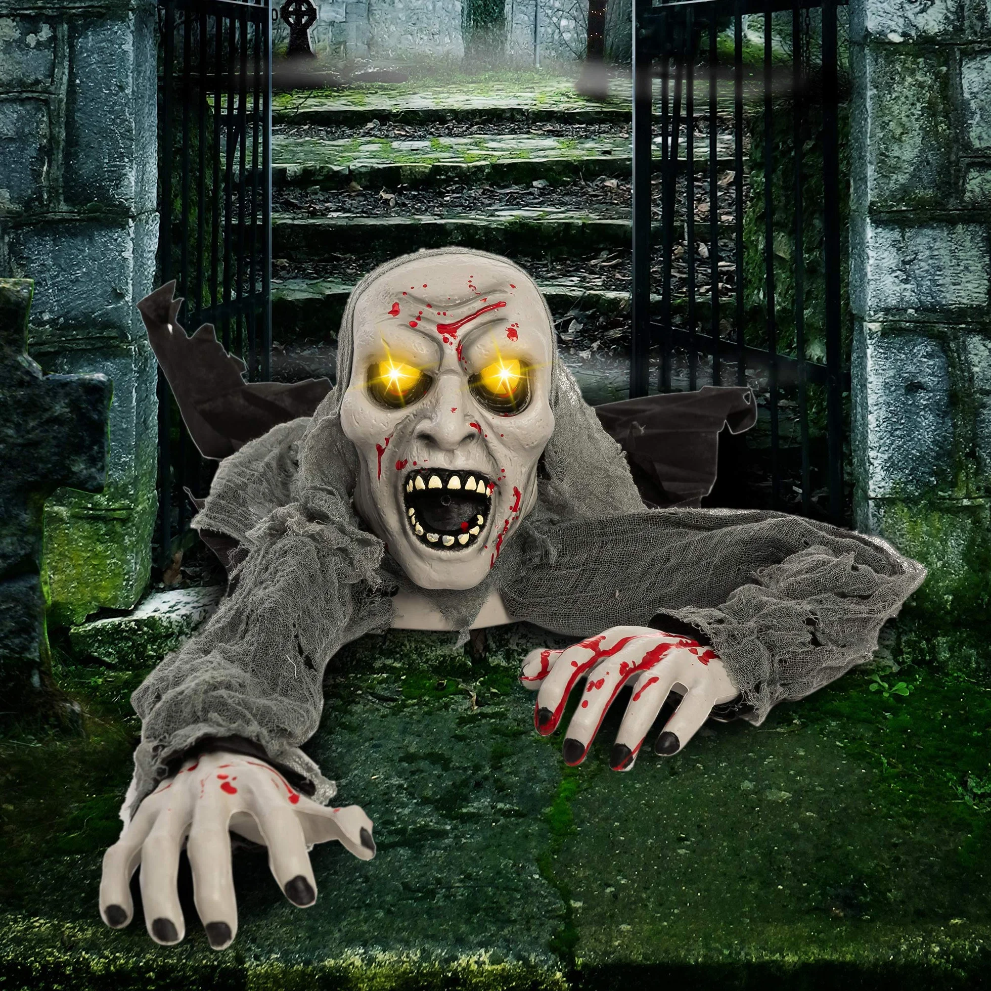 JOYIN Halloween Light-Up Zombie Groundbreaker animowany plamą krwi i przerażającym dźwiękiem na zewnątrz, trawnik, podwórko, dekoracja patio, dekoracja nawiedzonego domu