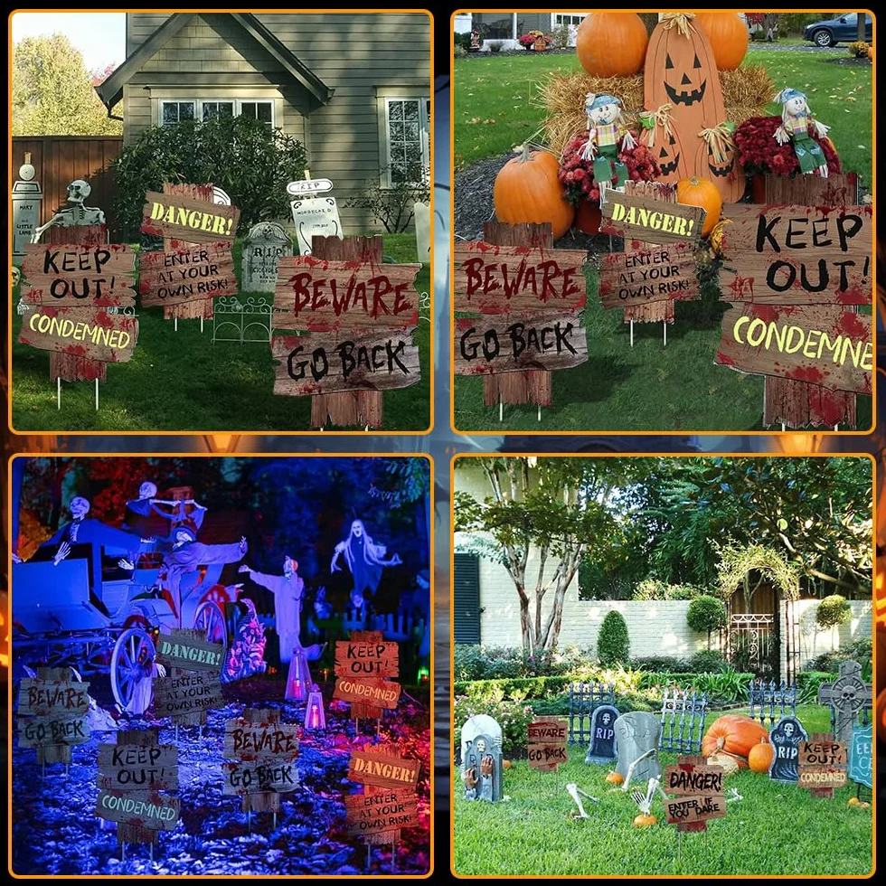 Tabliczki ostrzegawcze na Halloween, 3 sztuki, dekoracja na Halloween, dekoracja z horroru, Helloween, na imprezę, do użytku na zewnątrz, zestaw dekoracyjny ze szpikulcami do wbijania w ziemię,