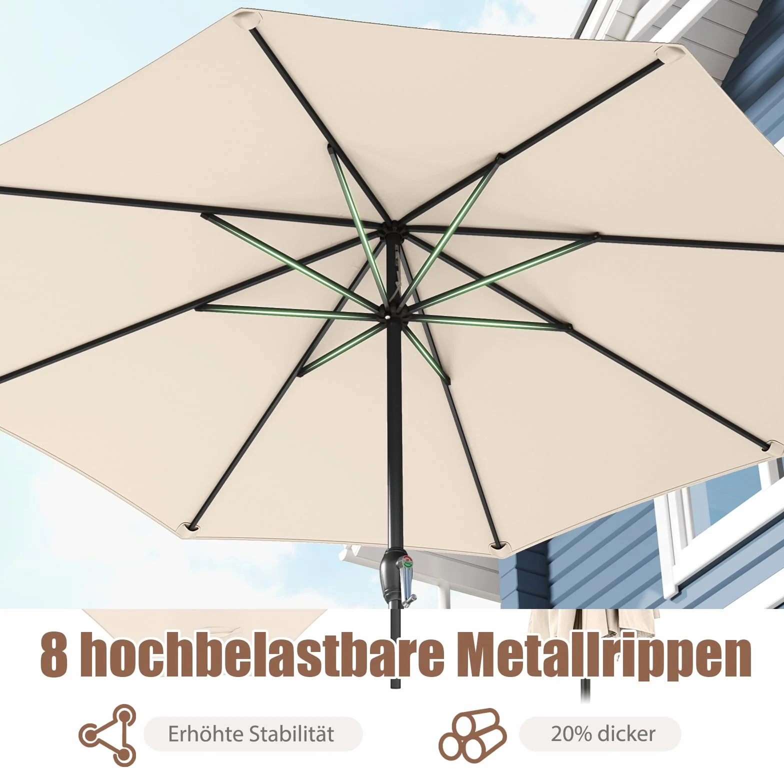 COSTWAY Parasol przeciwsłoneczny 250 cm, parasol ogrodowy z korbą, 8 żeber