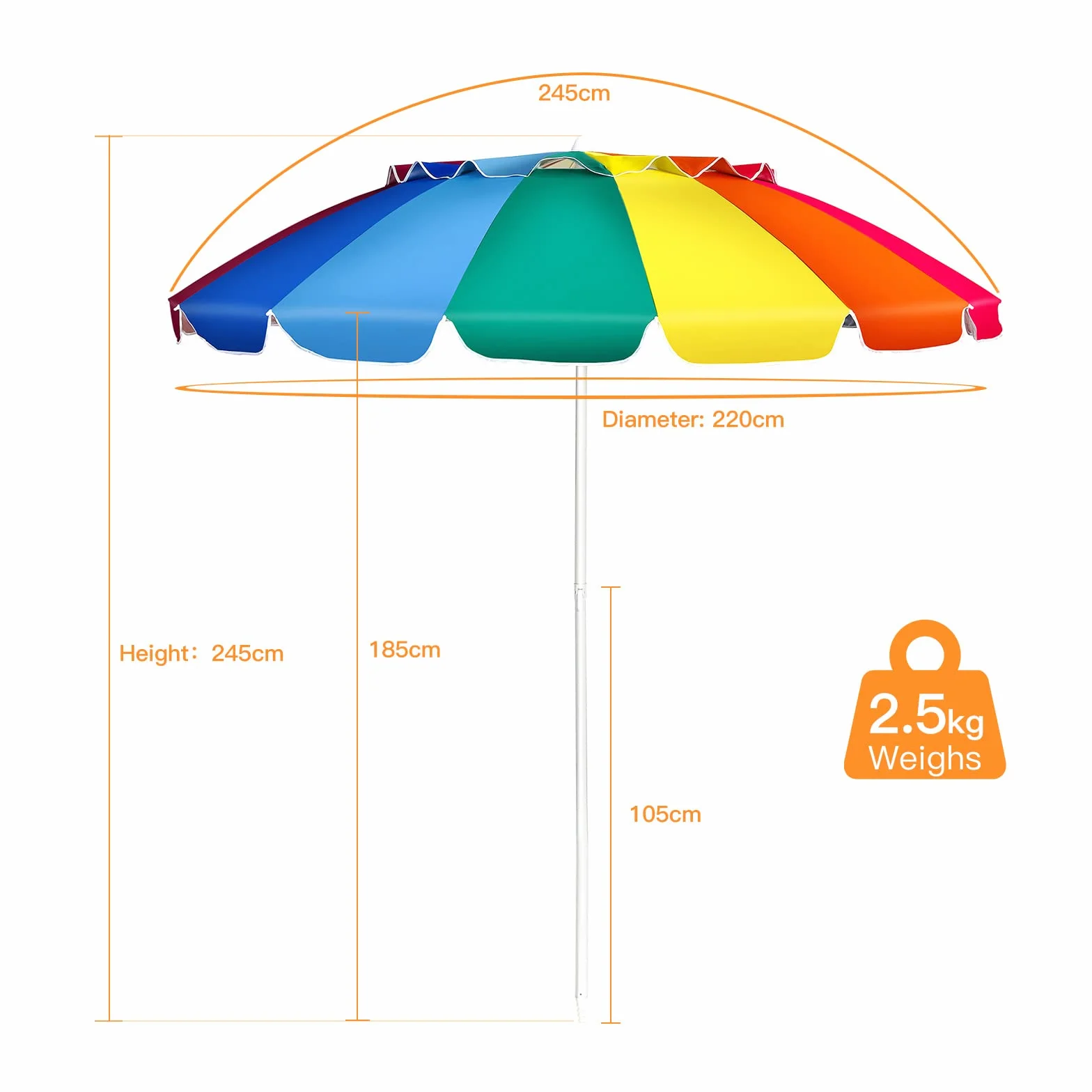 KOMFOTTEU Parasol przeciwsłoneczny, plażowy, 243 cm, ochrona przed słońcem, parasol plażowy, składany, lekki, z torbą do przenoszenia, parasol tarasowy do użytku na zewnątrz