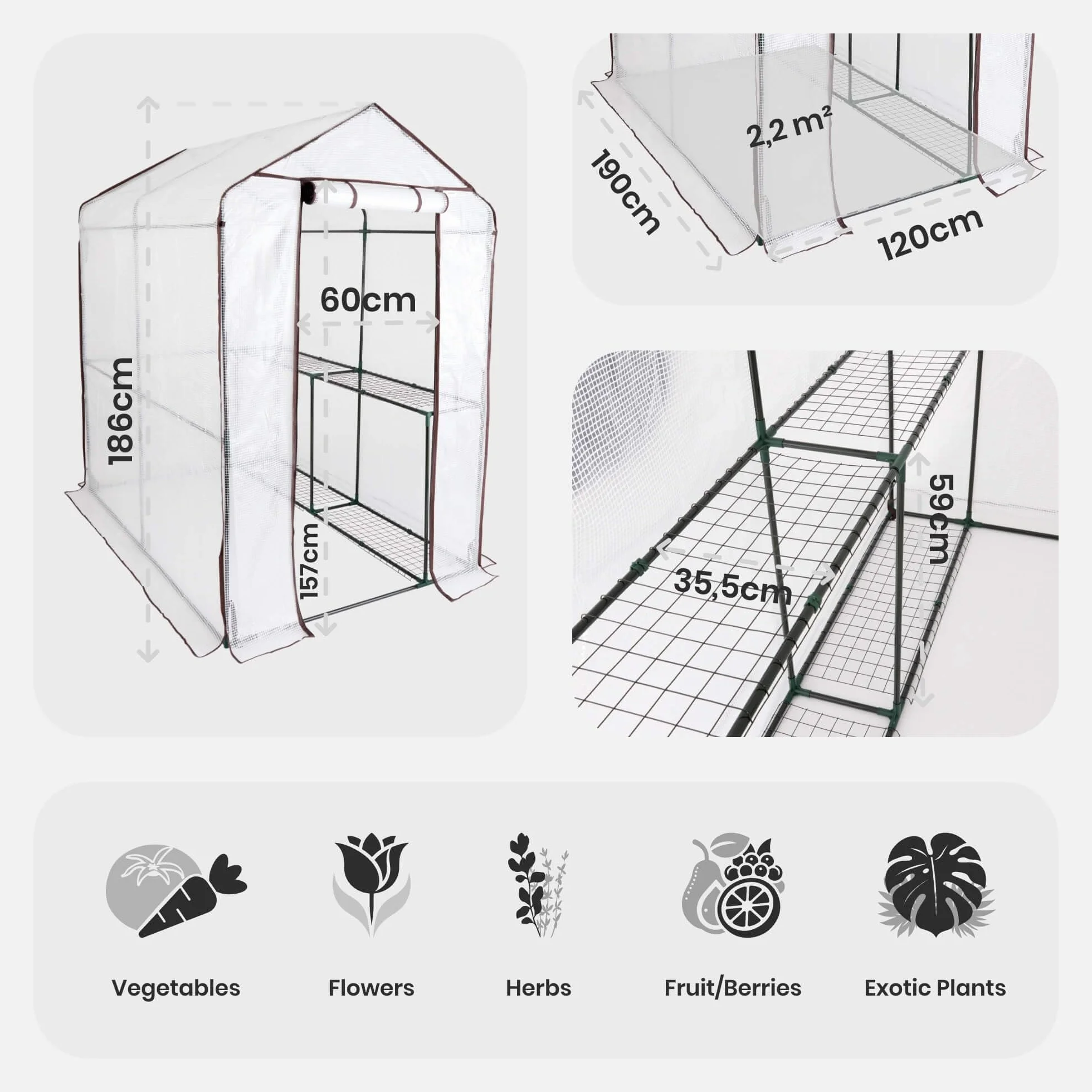 Arebos Premium szklarnia foliowa 120 x 186 x 190 cm z półkami do ogrodu