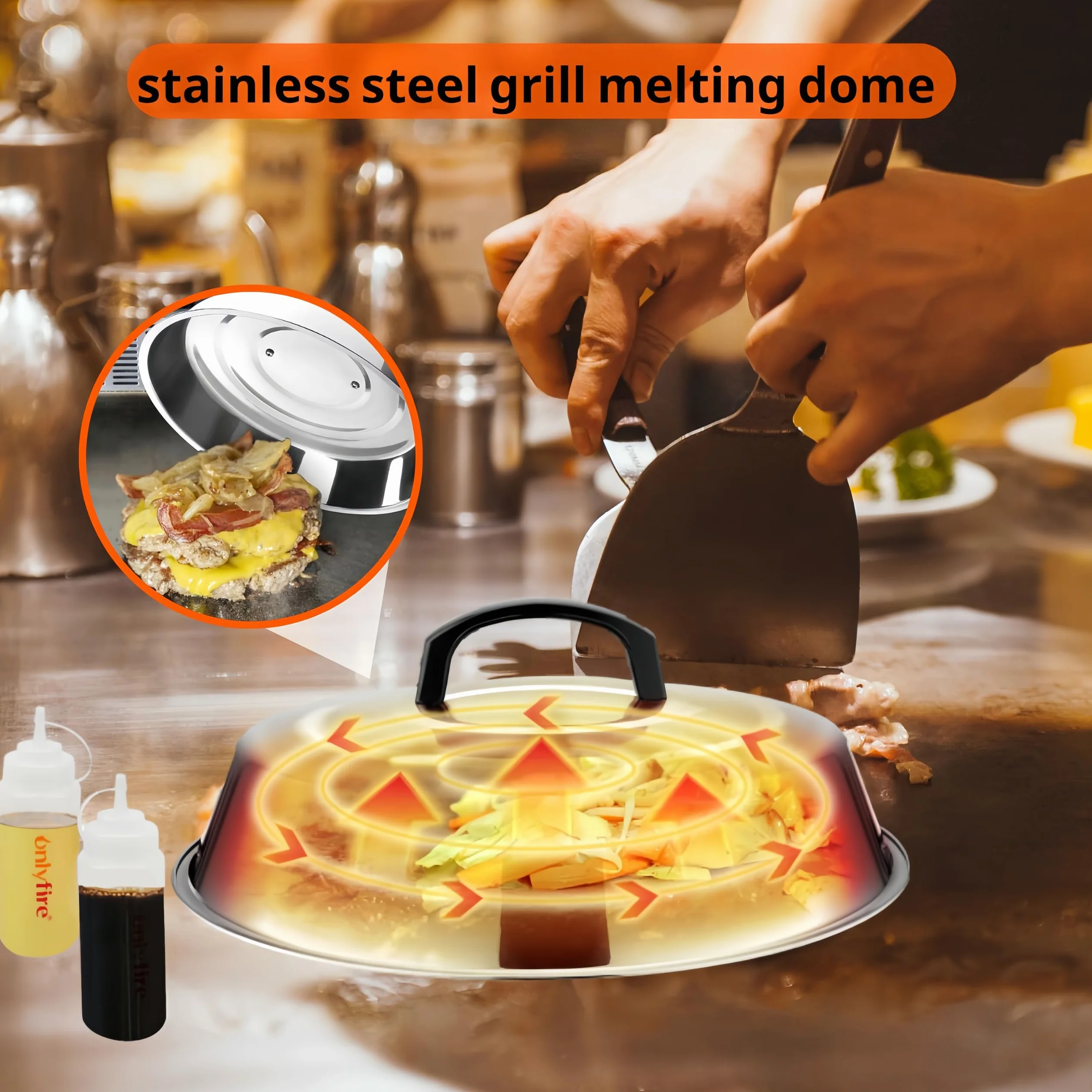 Onlyfire FPA-5117 9-częściowy zestaw akcesoriów do grilla Plancha ze stali nierdzewnej, z dzwonkiem do ciepła, łopatką do patelni, szczypcami do grilla, butelkami natryskowymi, foremkami do jajek