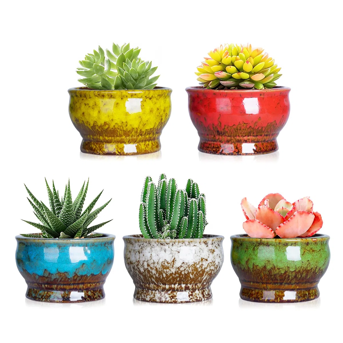 ARTKETTY Doniczki na sukulenty – ceramiczne doniczki na rośliny kaktusowe z drenażem, opakowanie 5 sztuk, małe doniczki na rośliny wewnętrzne/zewnętrzne, kwiaty, bonsai, pojemnik na rośliny, miska