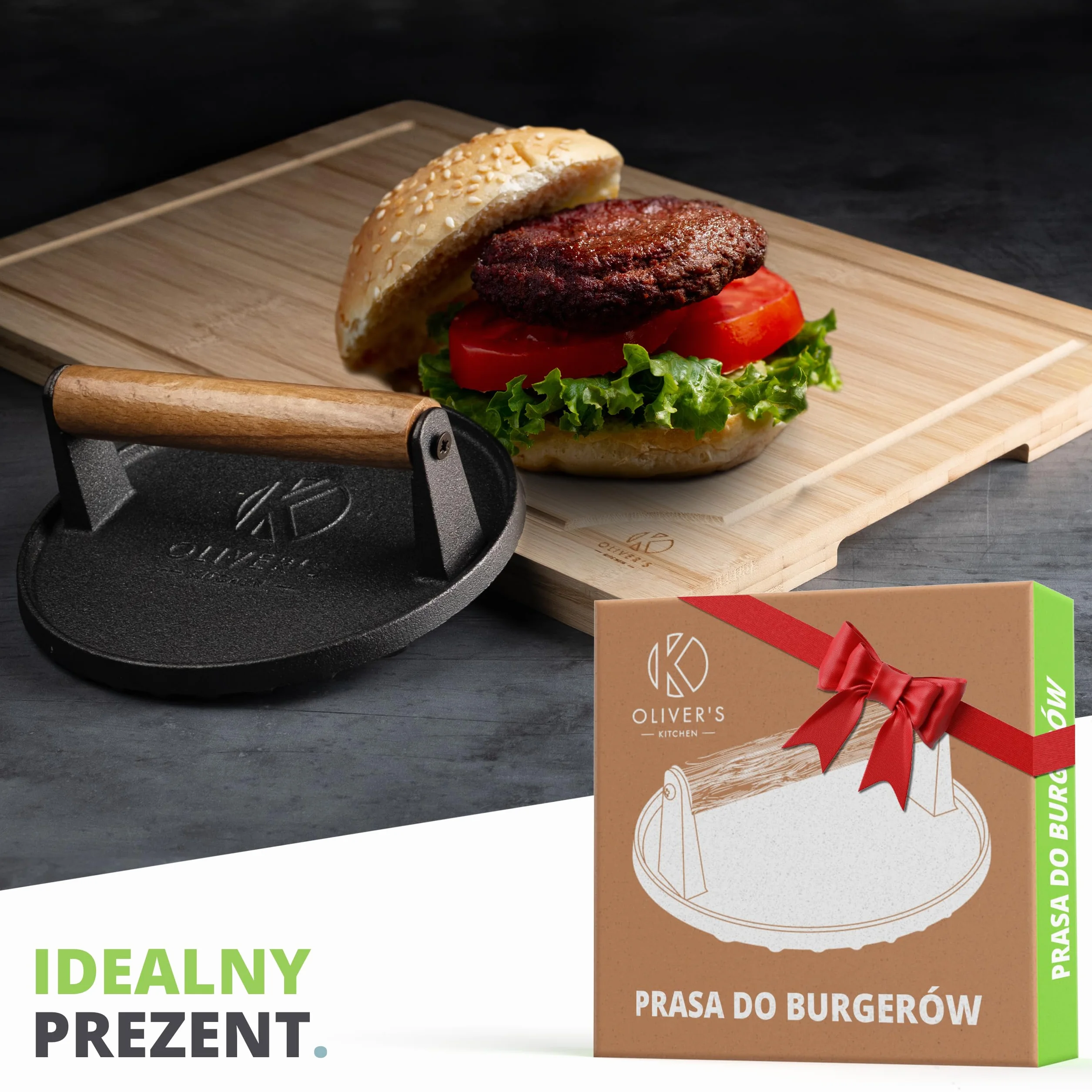 Oliver's Kitchen ® Prasa do Burgerów - Wysokiej Jakości, Wytrzymała, Żeliwna Praska do Hamburgerów - Ręczna Prasa do Mięsa z Wygodnym Uchwytem i Nieprzywierającą Powłoką - Idealne Domowe Burgery