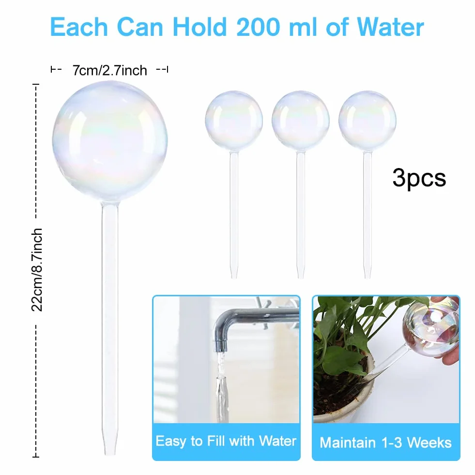 Joycabin Szklane kule do nawadniania roślin, 200 ml, kolorowe podlewanie roślin, samonawadniający system karmienia do użytku wewnątrz i na zewnątrz, średnica 7 cm, 3 szt