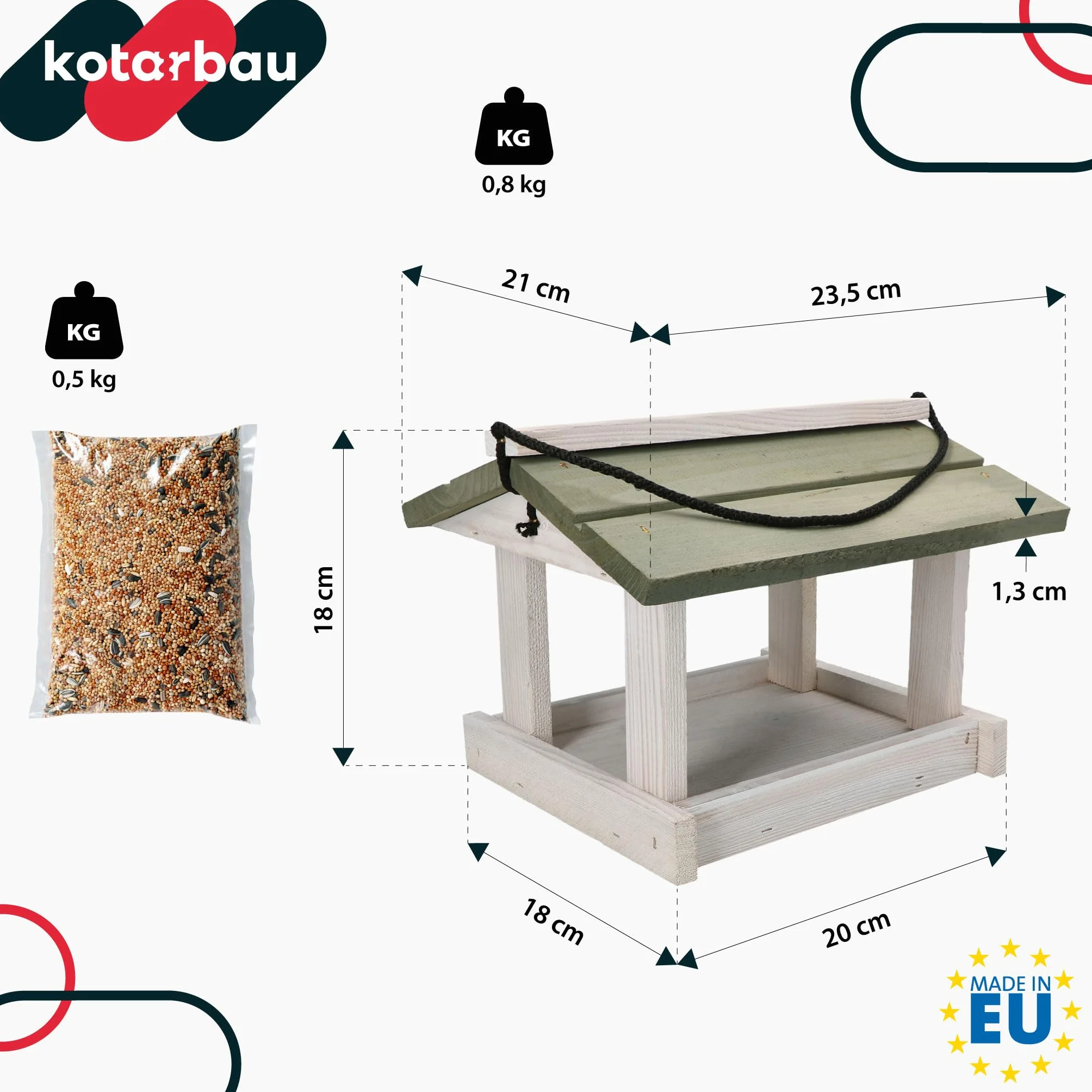KOTARBAU Karmnik dla Ptaków Drewniany 21,5x23,5 cm z Daszkiem Biały Szary Karma 0,5 kg