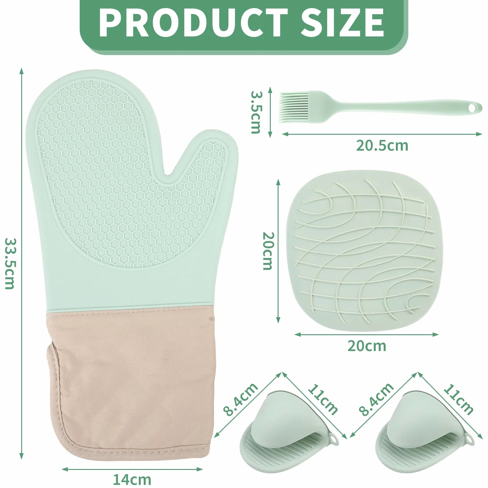 Rękawice do Piekarnika - Ofenhandschuhe Silikon 6er Set – Hitzebeständige Handschuhe in Mintgrün für sicheres Kochen, Backen und Grillen. Mit Baumwolle und Silikon, für optimalen Schutz in der Küche