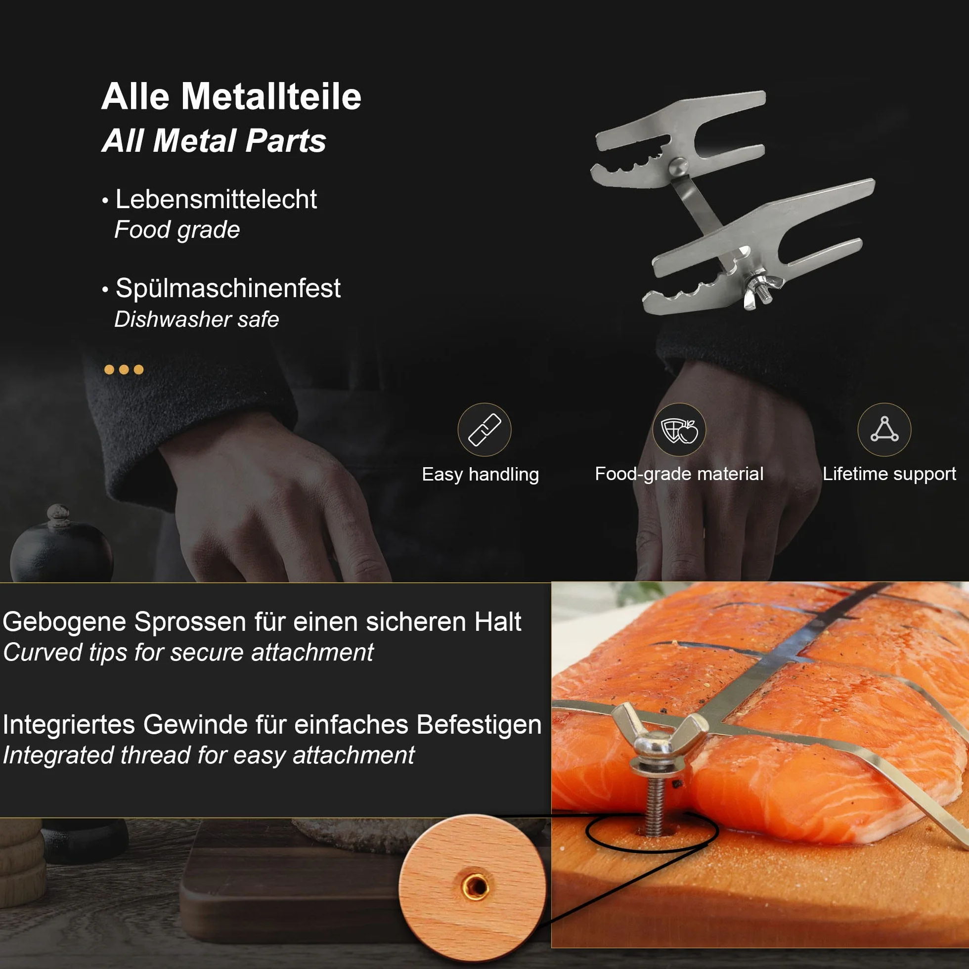 BargenBasics Großes Premium Flammlachsbrett mit Stabiler Edelstahl-Halterung - Grillzubehör für Feuerschalen und Kugelgrill