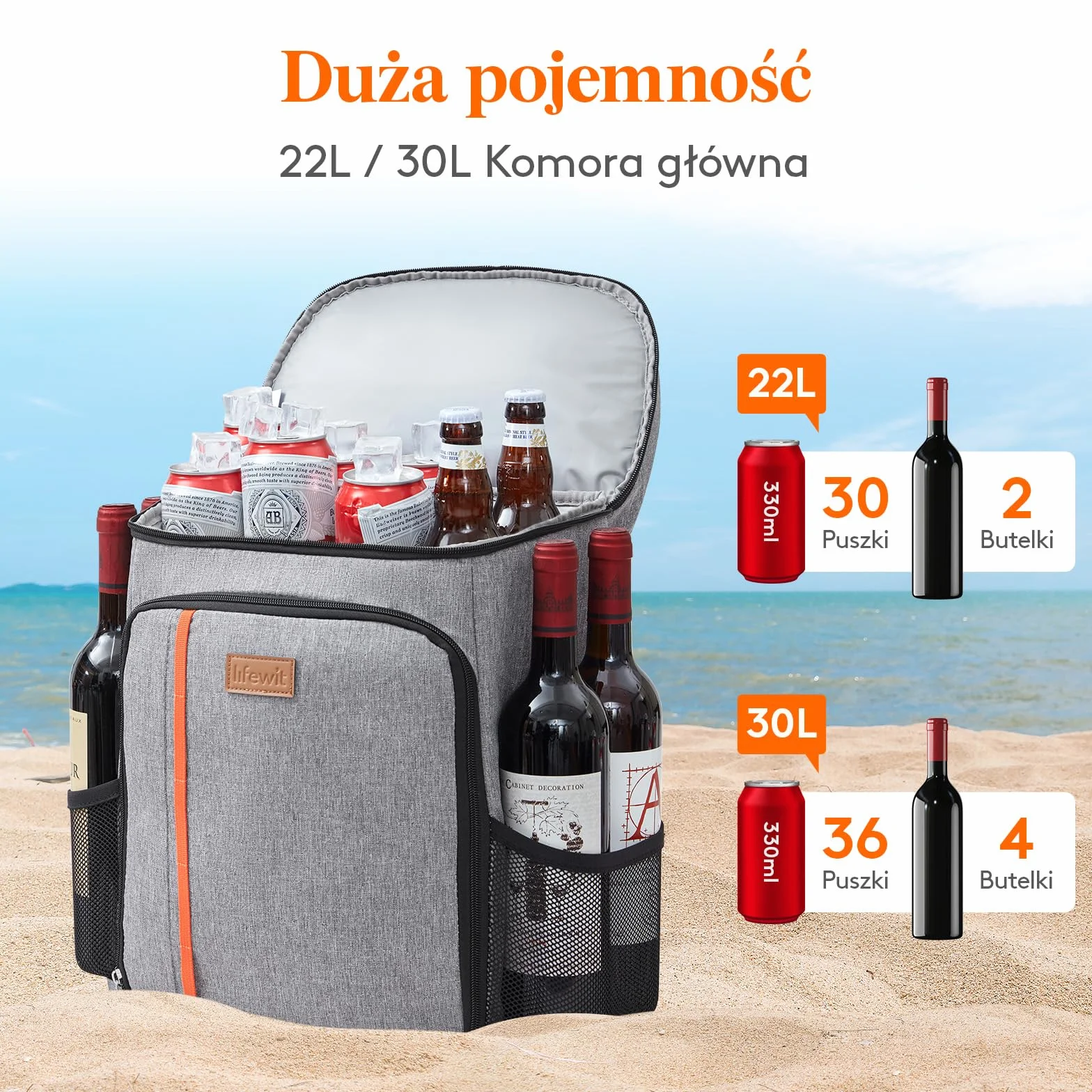 Lifewit Plecak chłodzący Izolowany 36 puszek Torba na Lunch Szary