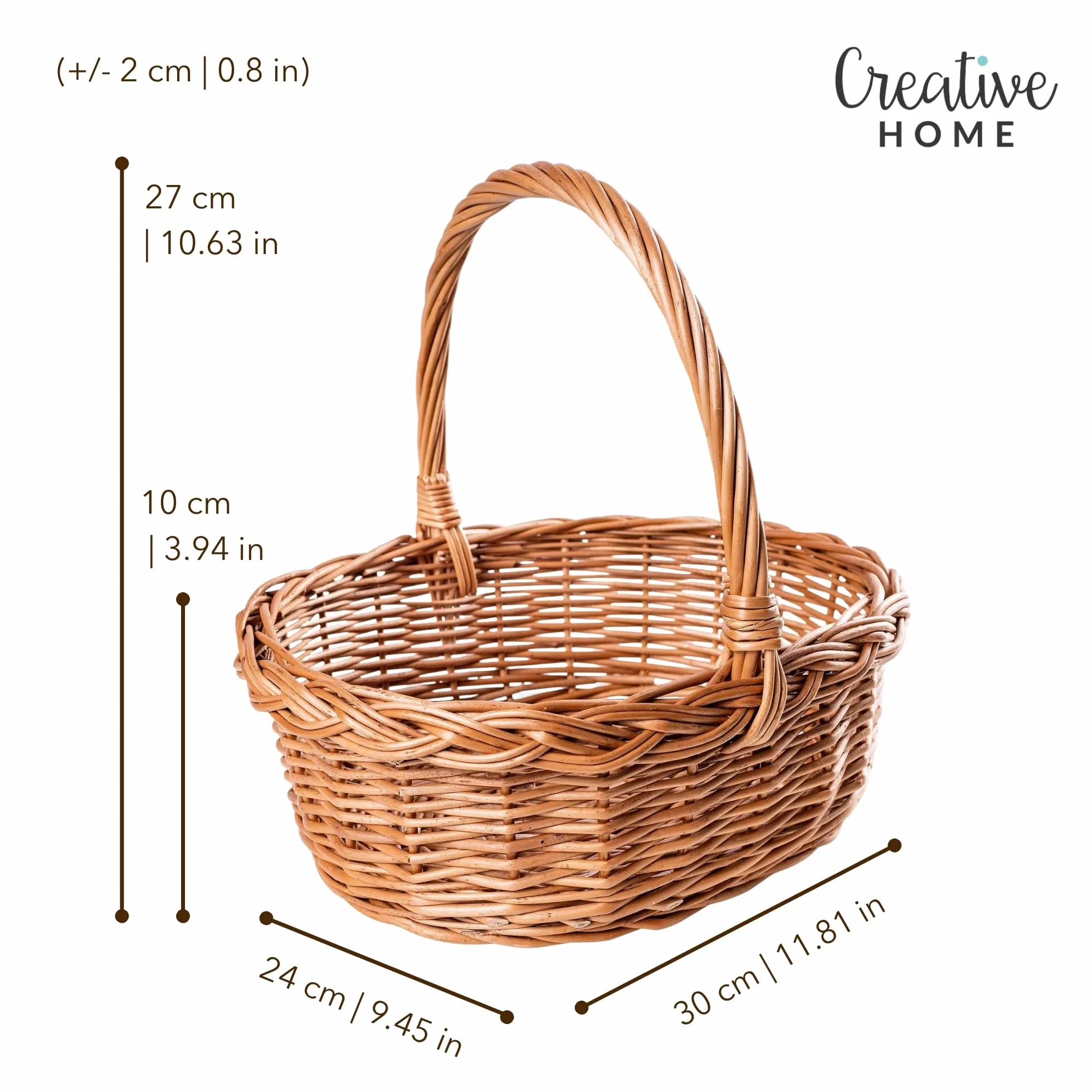 Creative Home Mały Koszyk Wielkanocny Wiklinowy z Rączką | 30x27x24cm (+/- 1cm) | Wielkanoc Święconka Kosz Prezent Piknik Rośliny Przechowywanie Dekoracja | Ręcznie Pleciony | Naturalny Brąz