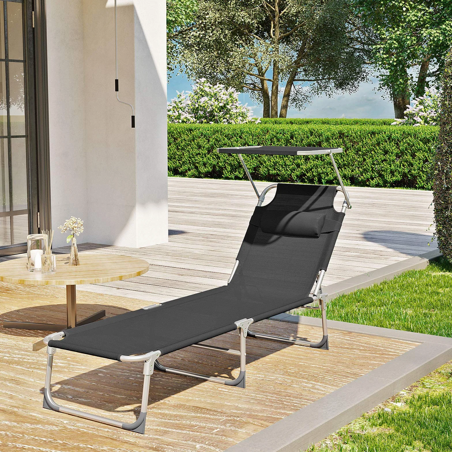 SONGMICS Leżak do opalania, leżak relaksacyjny z zagłówkiem, oparciem i parasolem, odchylany, lekki, składany, 53 x 193 x 29,5 cm, obciążenie 150 kg, do ogrodu, czarny GCB192B01